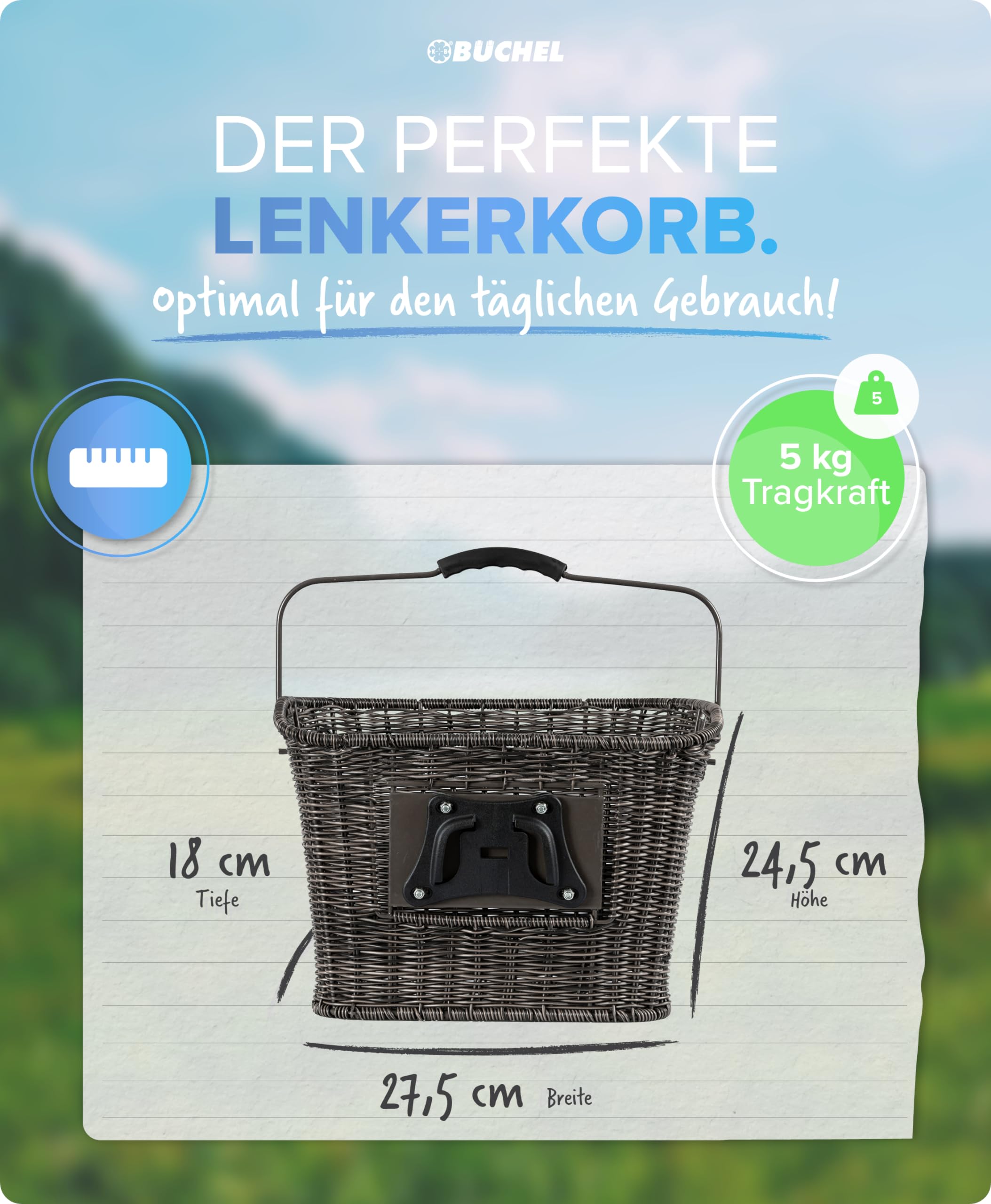 Büchel Fahrradkorb Vorne aus Polyrattan I mit innovativer Schnell-klick Halterung I Fahrrad Korb für vorne 35x26x25 cm I Fahrradkorb Lenker, lenkerkorb Fahrrad