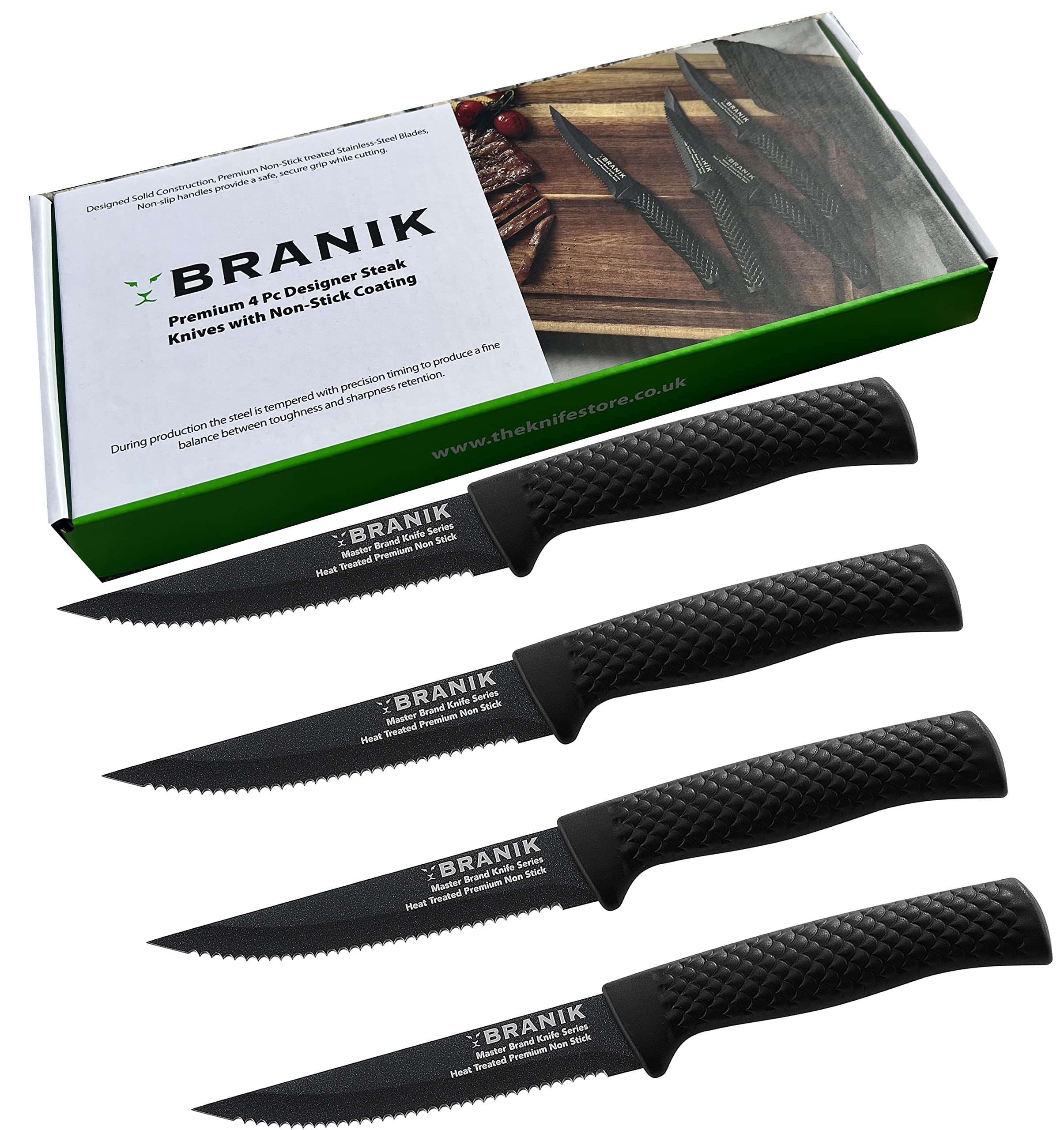 Titanium Series Steak Knife Set of 4 – Premium Steel Serrated Steak Knives, 5-Inch Blades, Non-Slip Ergonomic Handles, Dishwasher Safe – Ideal for Dining, BBQs, Dinner Parties & Gifts – Black