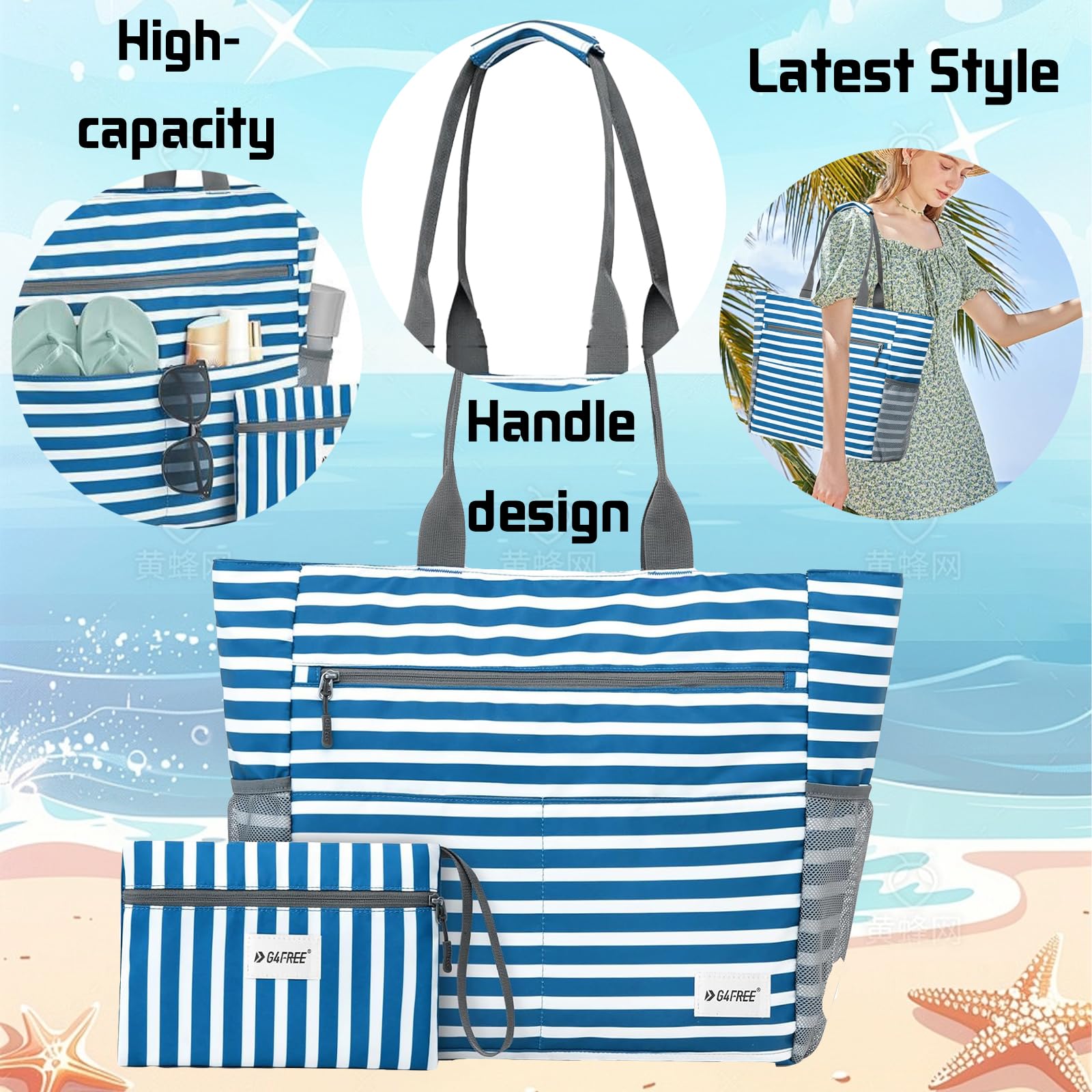 LUKIUP Bolsa de playa de la familia, XL con mini bolsa de baño, bolsa de la compra para viajes, compras y uso diario (negro)