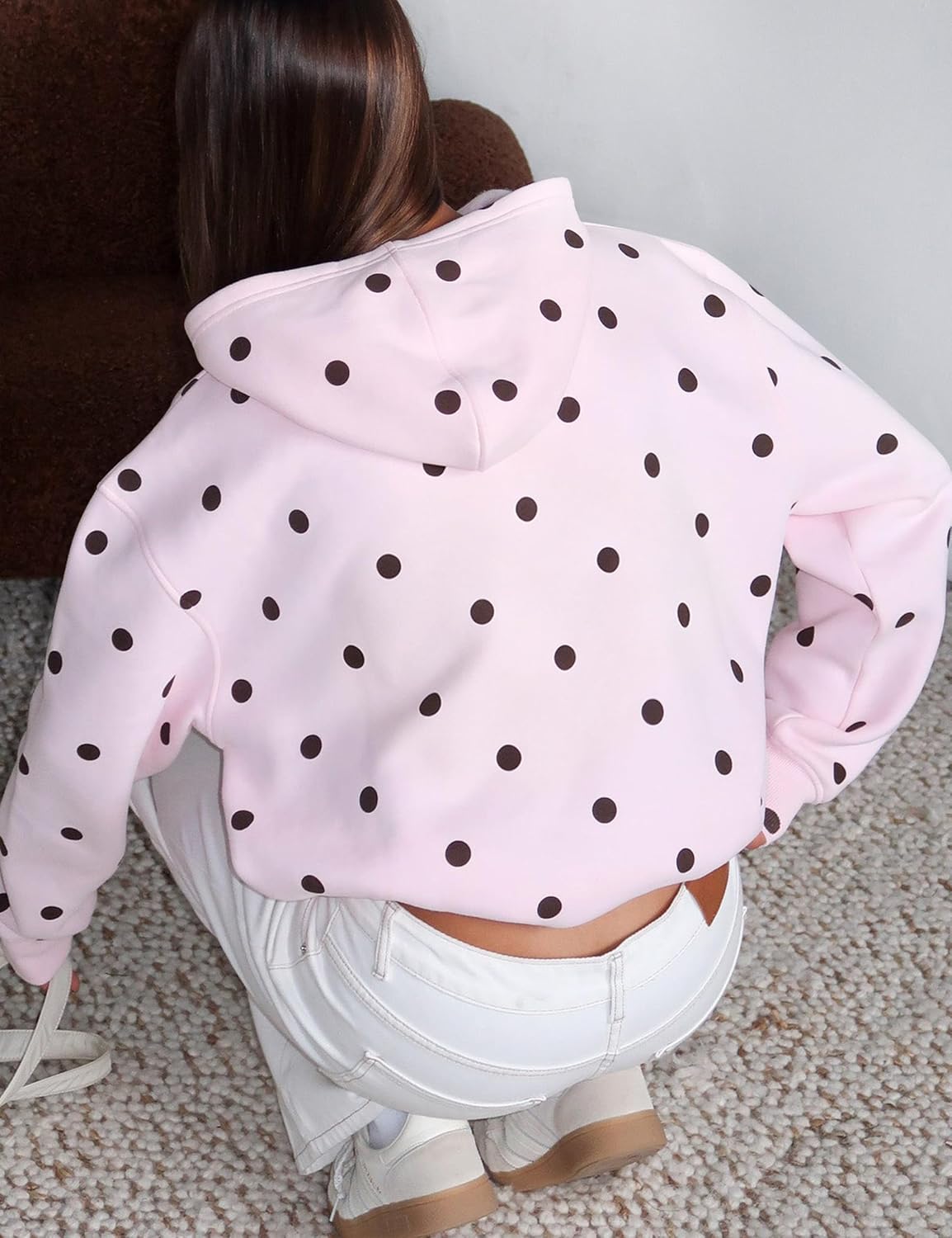 HOCANDY Womens Oversized Polka Dot Hoodie Sweatshirt Zip Up Long Sleeve Drop Shoulder Fleece Polka Dot Jacket with Pockets