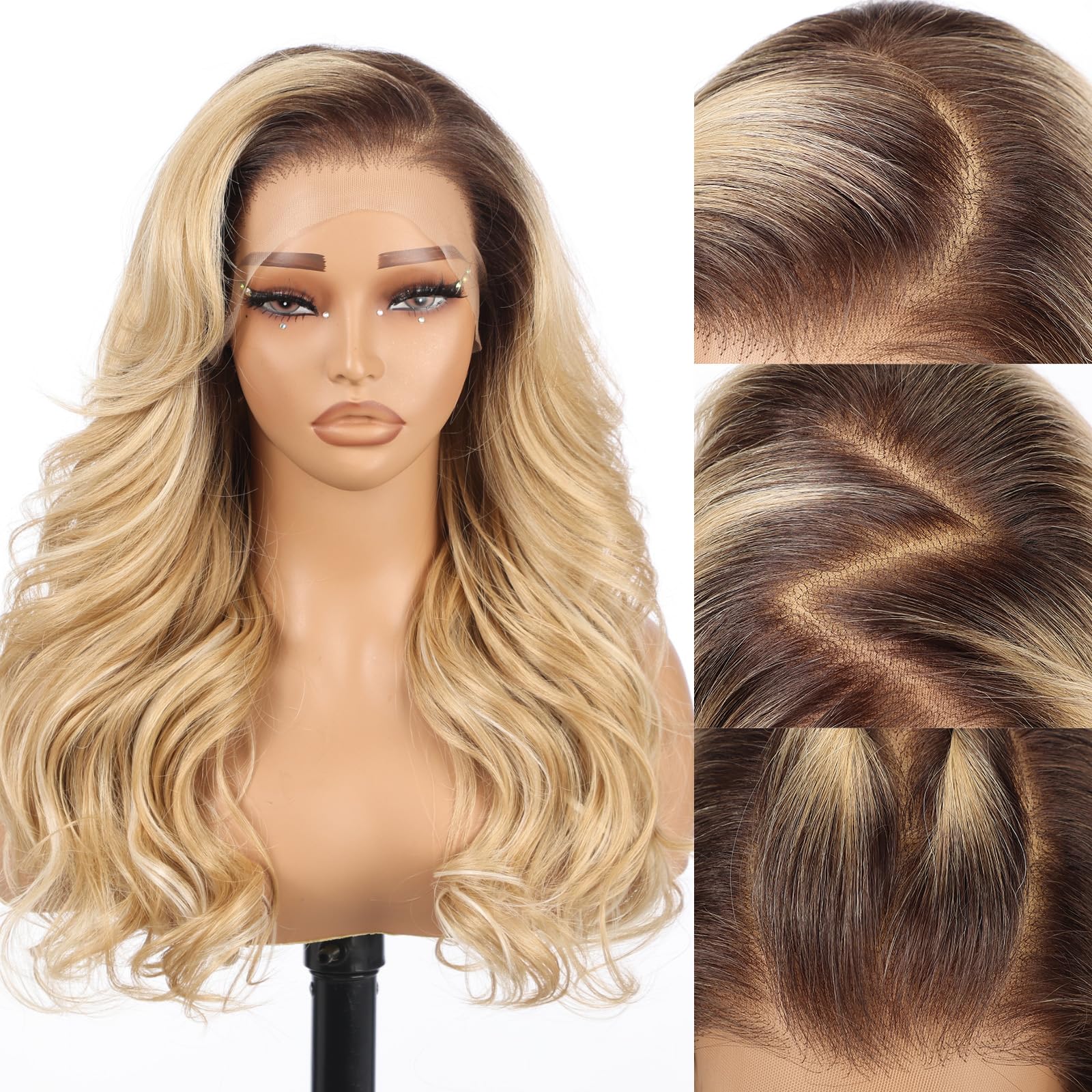 Allbell Peluca Frontal de Encaje Ombre Rubio 13x6 para Mujeres Negras, Peluca Sintética HD Sin Pegamento, Reemplazo de Cabello Ondulado de 22 Pulgadas