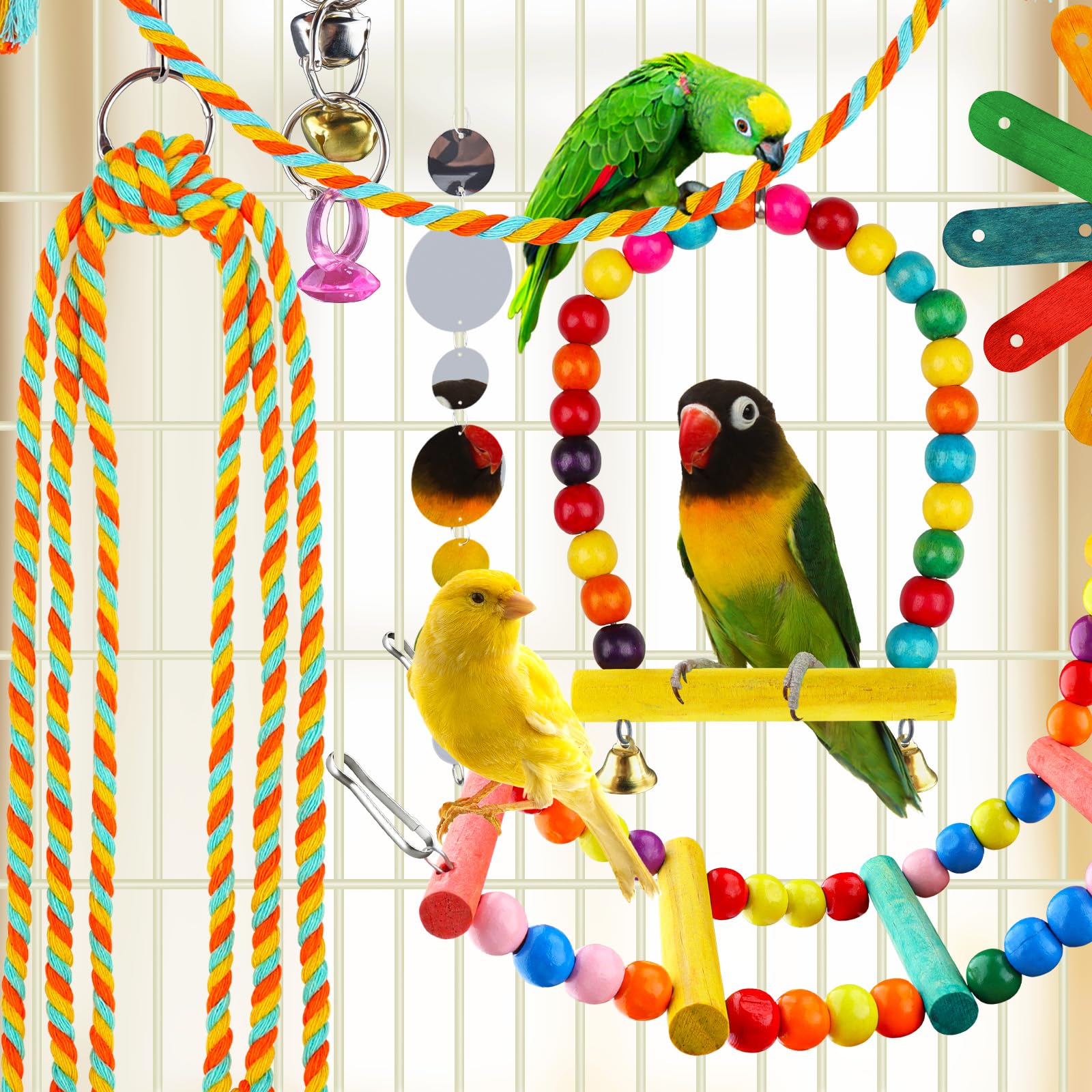 QUOZUO 8 pcs Bird Toys for Parakeets with Colorful Ladder Hammock Bird Cage Accessories Perch Stand Chewing Toys Hanging Bell Parrot - Image 4