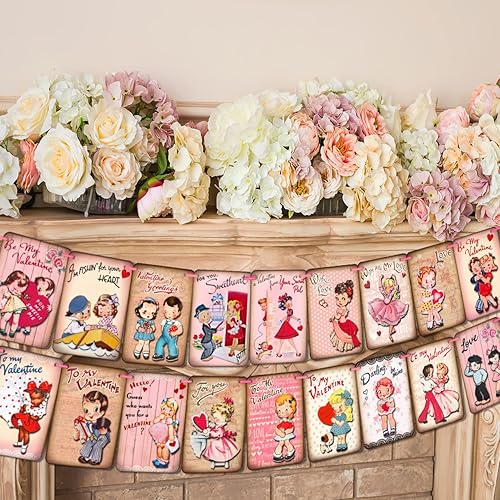 Decoración para el día de San Valentín, pancarta vintage de San Valentín, banderines tradicionales retro para el día de San Valentín, para