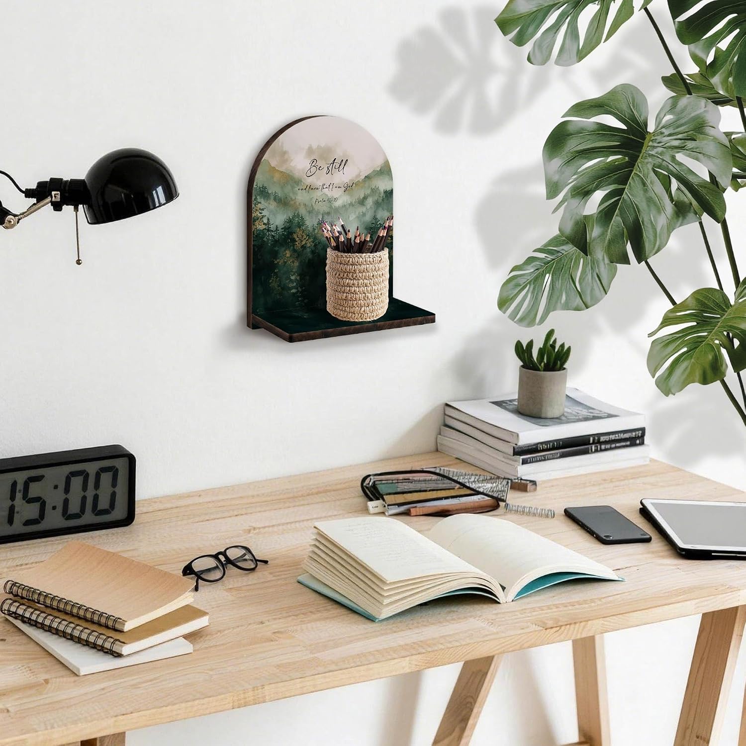 Christian Mountain Forest Wall Shelf, Bible Verse Be Still and Know that I Am God Wooden Hanging Floating Shelves, Religious Scripture Hanging Shelf Wall Decor for Living Room Bedroom Home