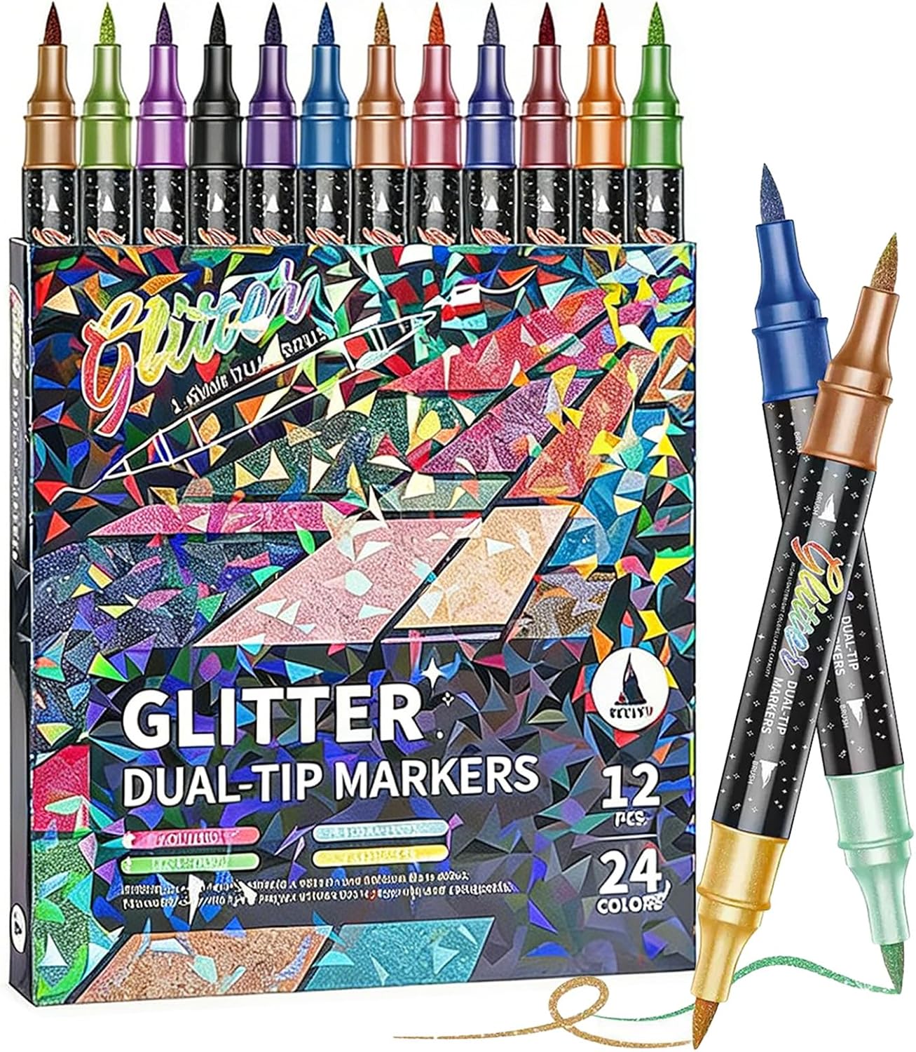 24/48/72/96 Colors Glitter Effect Brush Markers, Glitter Dual-tip Double Colours Shimmer Markers, 2-in-1 Quick-drying Large Capacity 6mm Soft Brush Tip Pen for Coloring (72)