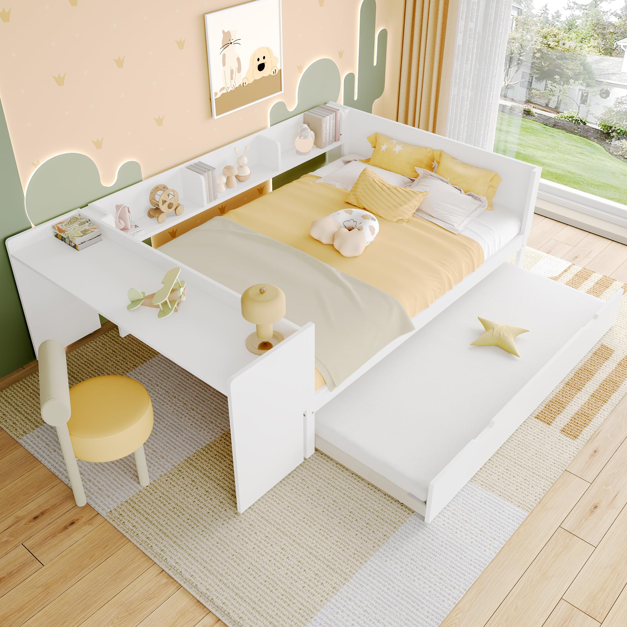 Cama de madera, con escritorio, con cama oculta, cama nido, cama doble (sin colchón), con estantes (Blanco, 140cmx200cm)