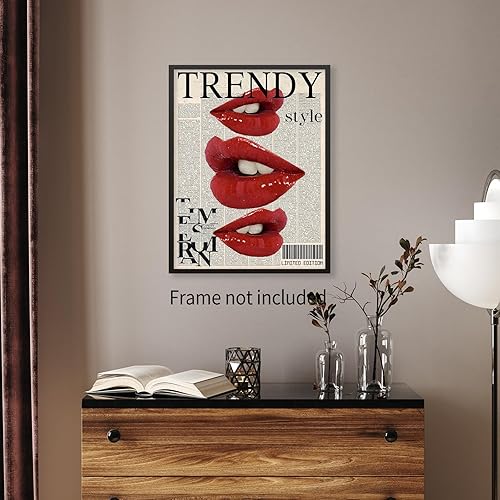 Miniatura 5 de jkahh Arte de pared de periódico Y2k de moda estilo vintage, labios rojos, impresiones de beso, póster de moda preppy estética, lienzo para