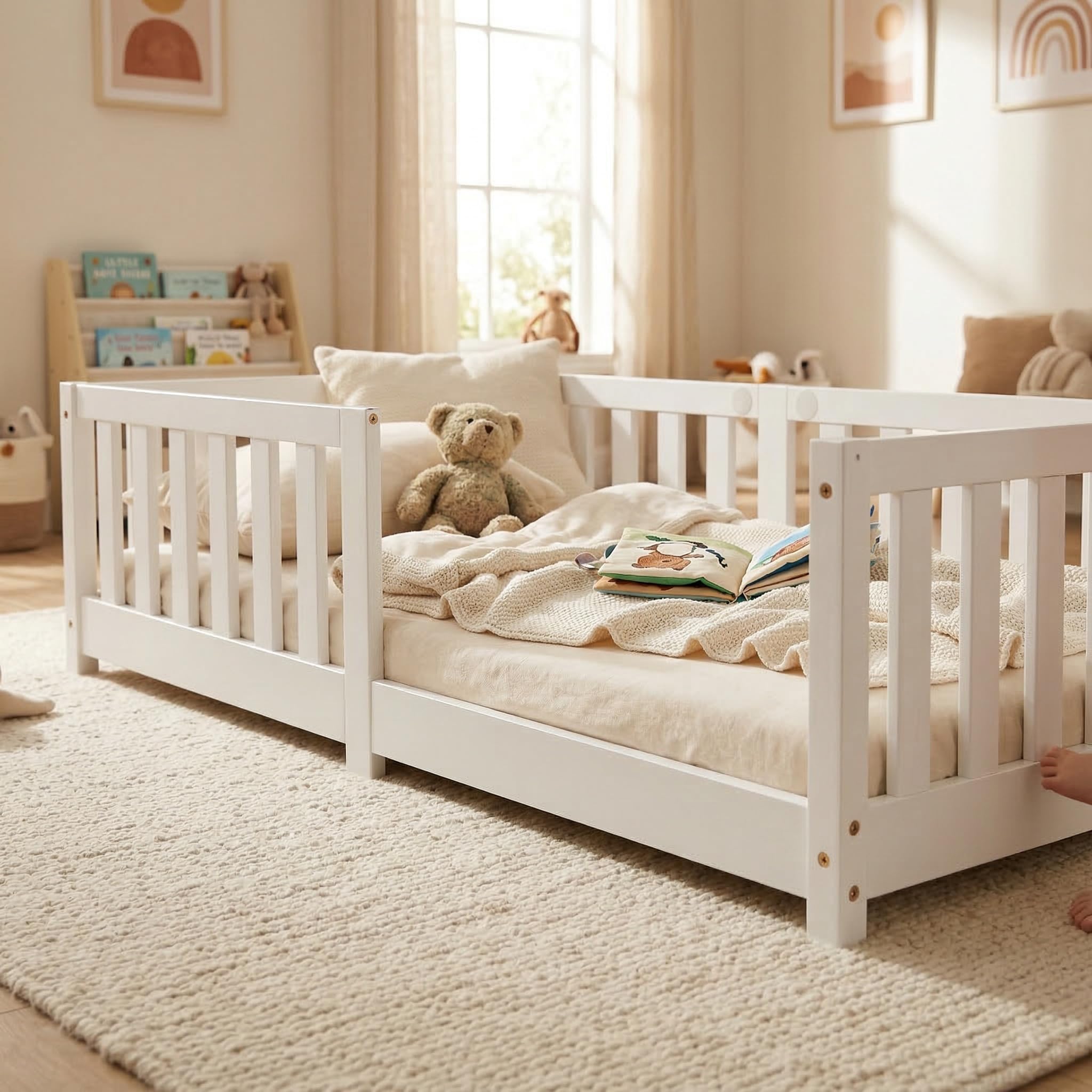 ecomi® Kinderbett 80x160 mit Rausfallschutz Bodenbett Kinder Bett mit Lattenrost für Kinder Kinderbetten für Mädchen und Jungen Massivholz Kiefer in Weiß