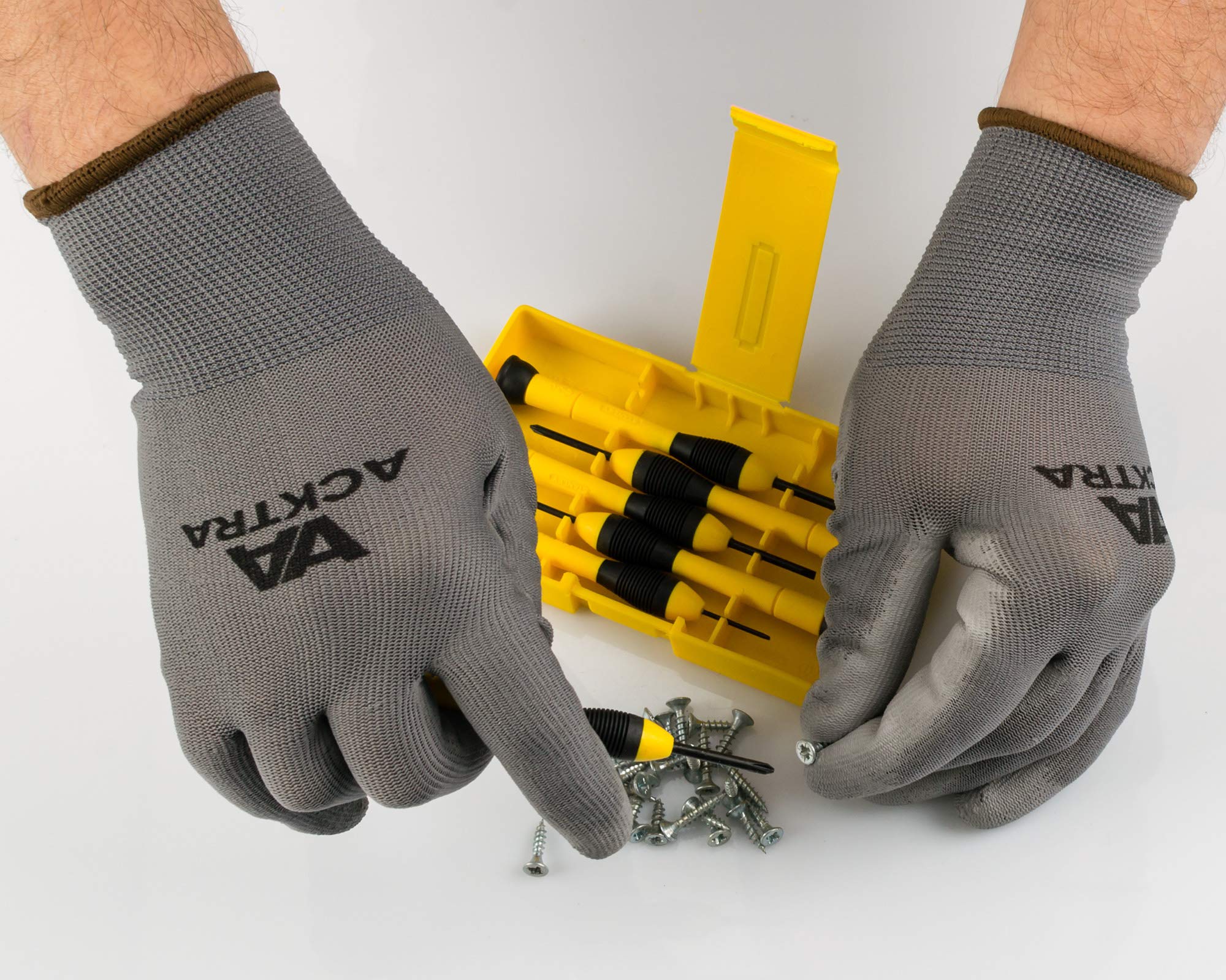 ACKTRA Guantes de trabajo de seguridad de nailon con revestimiento de poliuretano ultrafino, 12 pares, puño de muñeca de punto, para trabajo de precisión, para hombres y mujeres, WG002 poliéster rojo