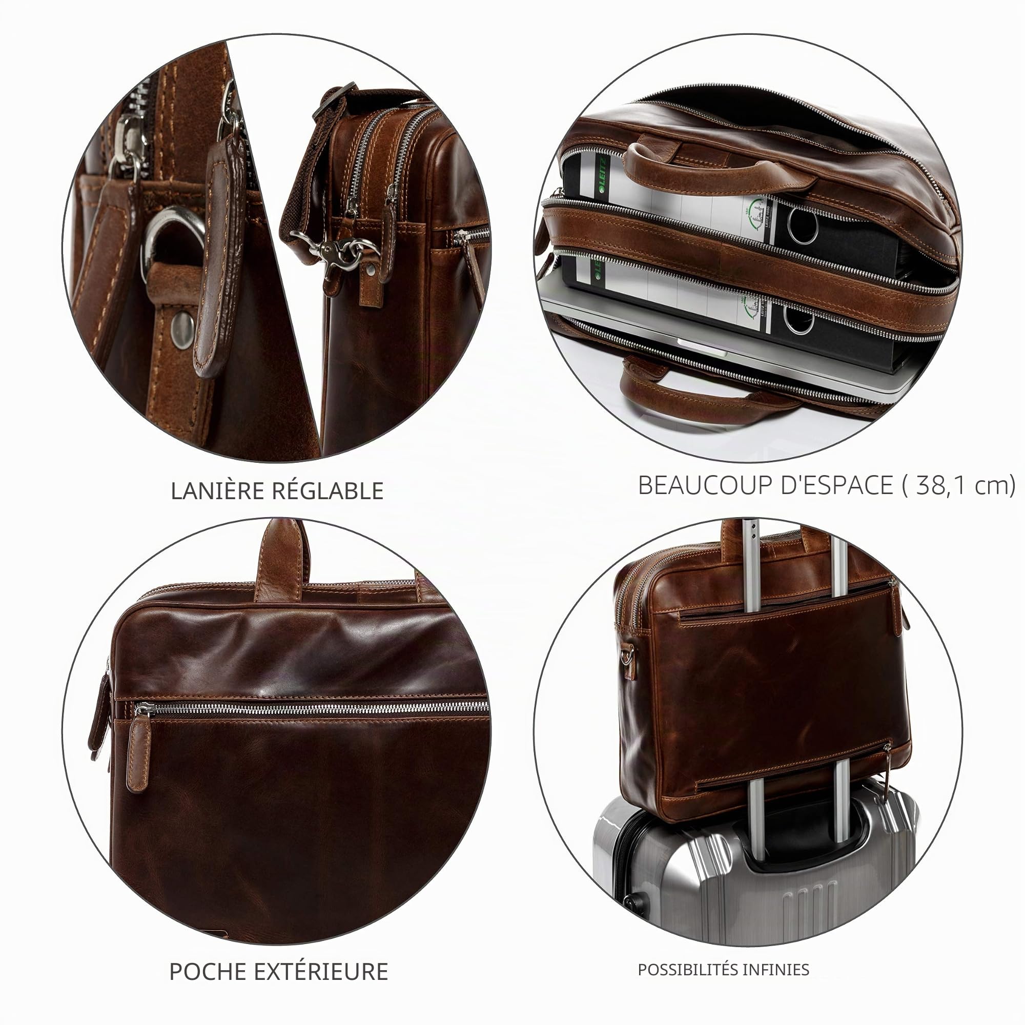BACCINI Sac bandoulière Ordinateur Ben | Compartiment Laptop Cuir véritable | Sacoche Porte-Document en bandoulière Grand Homme Marron | Sac Messager école Etudiante Travail Fait à la Main