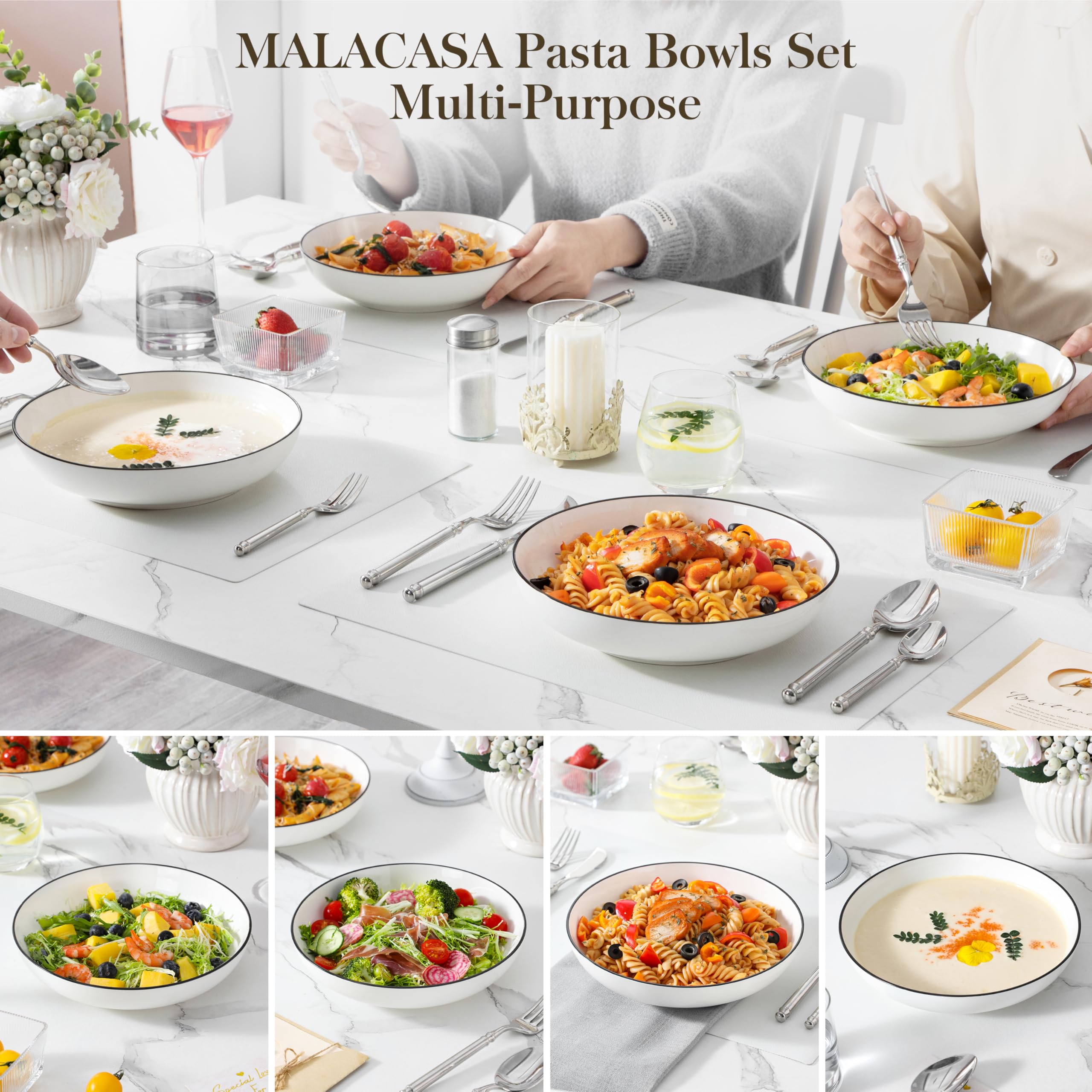 MALACASA Série REGULAR 1250ml Assiettes à Pâtes en Porcelaine, Assiettes Creuses, Service de Bols à Salade 4 Pièces, Blanc avec Bord Noir