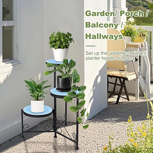 Miniatura 6 de Vipush Soporte para plantas de 3 niveles con parte superior de cerámica de mosaico, soporte plegable de 3 niveles, estante duradero para plantas de