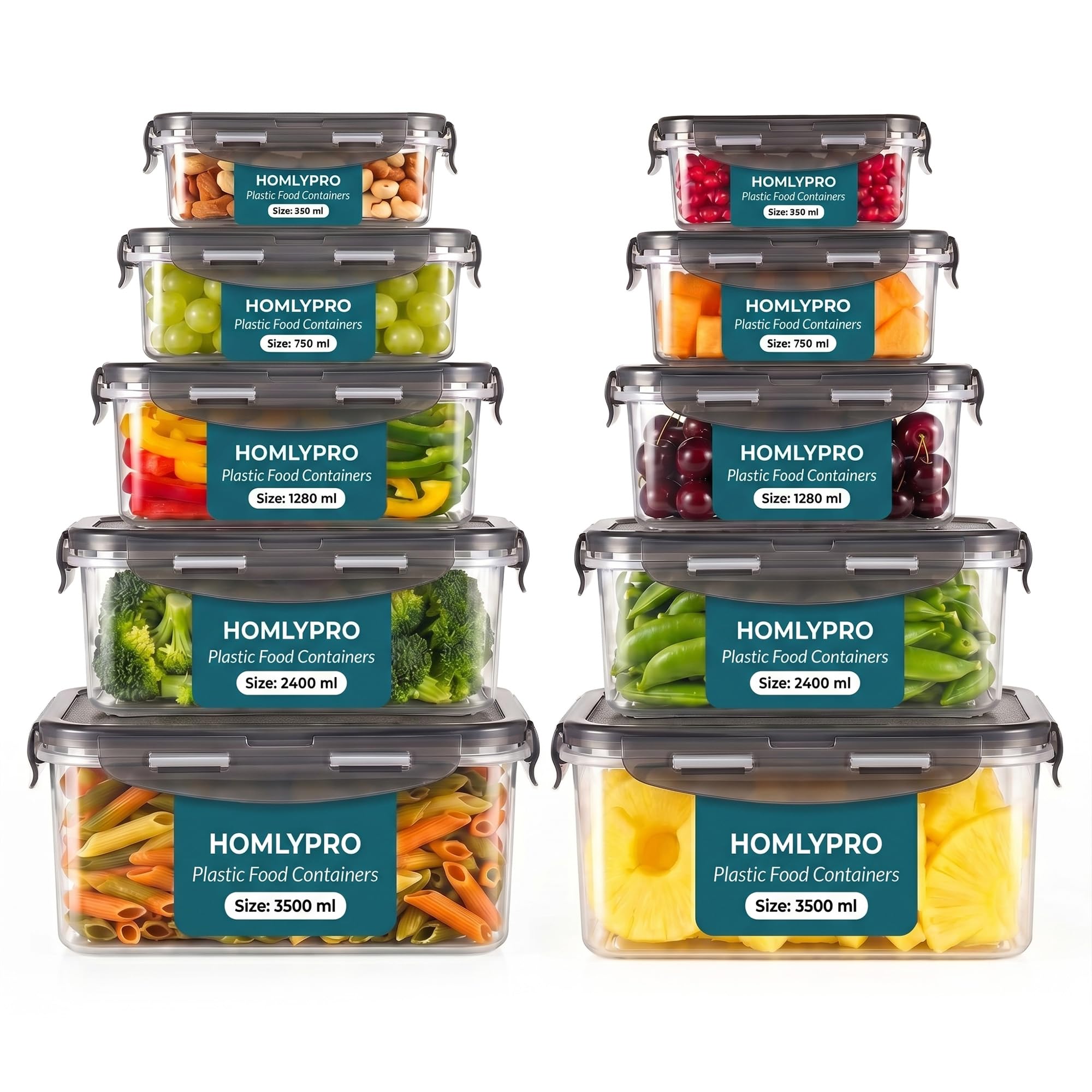 HomlyPro 20 Pieces Grey Plastic Food Containers with Lids (10 Boxes & 10 Lids) Leakproof Airtight Meal Prep Containers, Stackable BPA-Free, Freezer Microwave Dishwasher Safe