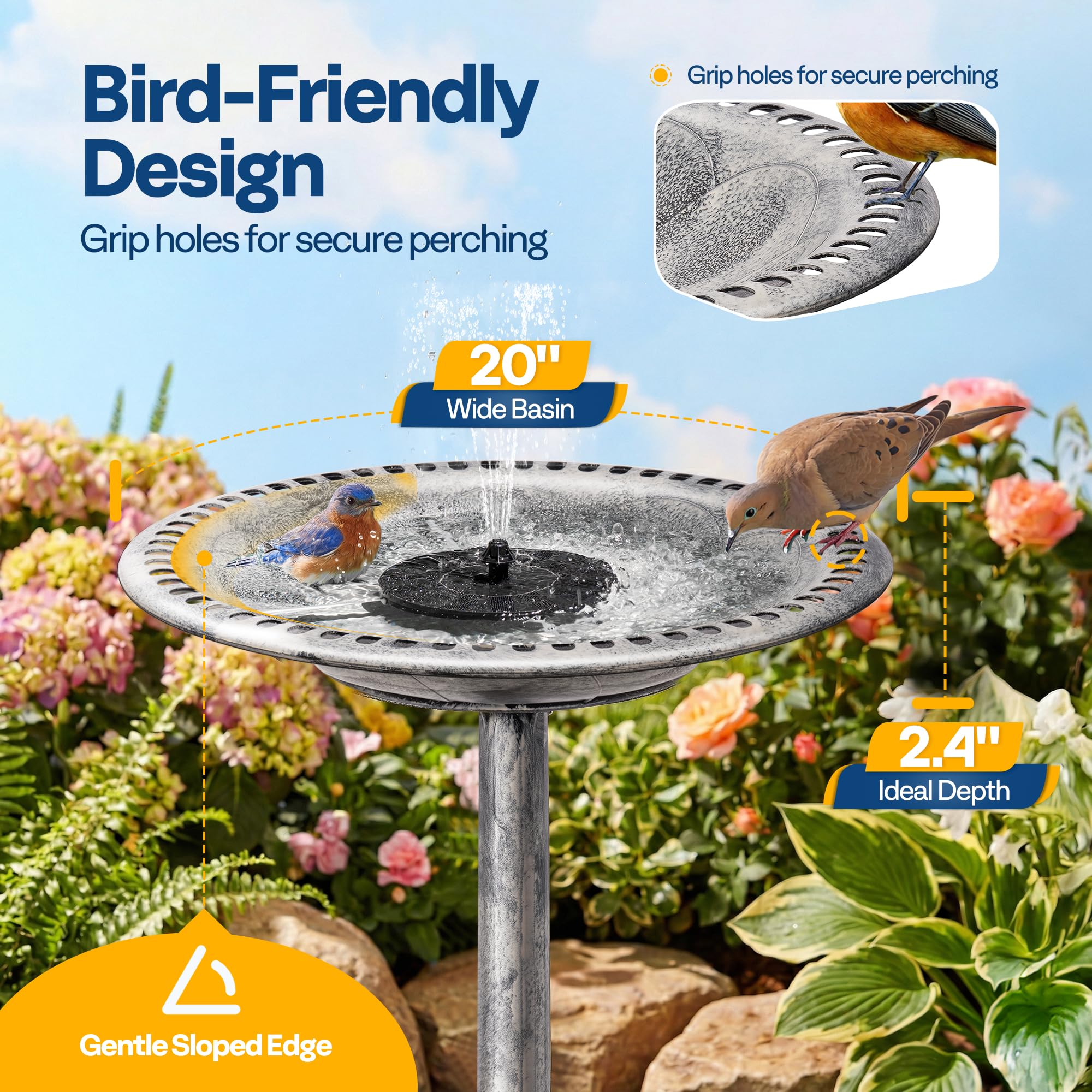 VIVOHOME Set Combinato di Fontana Rotonda per Laghetto con Abbeveratoio Bagno per Uccelli da Giardino Antica in Poliresina e Fontana Solare