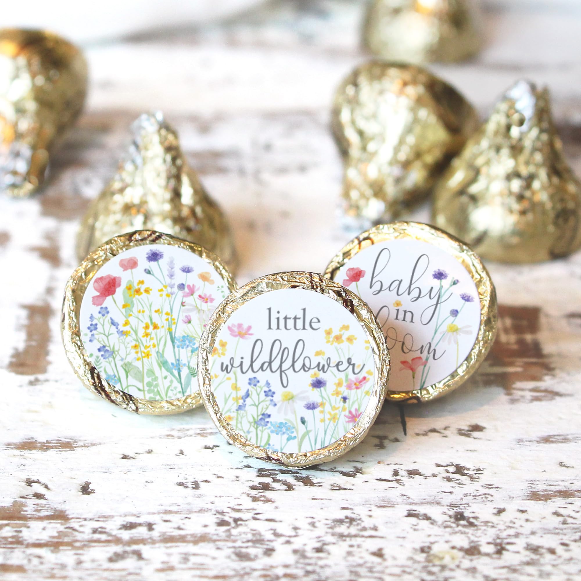 Little Wildflower Baby Shower Chocolate Kisses Candy Stickers, Baby in Bloom She's a Wildflower Party Favor Stickers - 180 Count, It's a Girl Spring and Summer