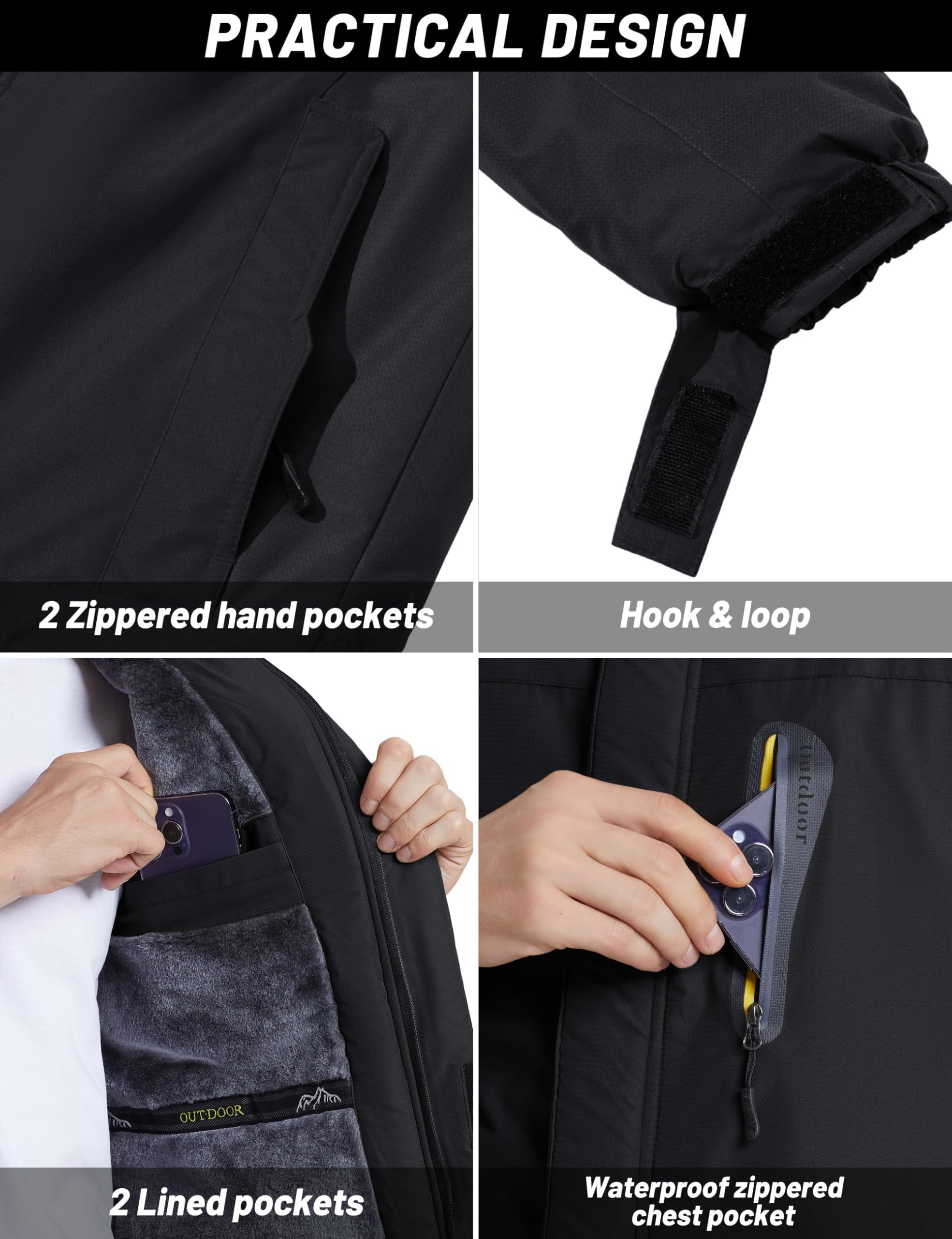 TACVASEN Veste Ski pour Homme Vestes Imperméable Chaudes Polaires Vestes De Randonnée Manteau Épais avec Capuche Amovible