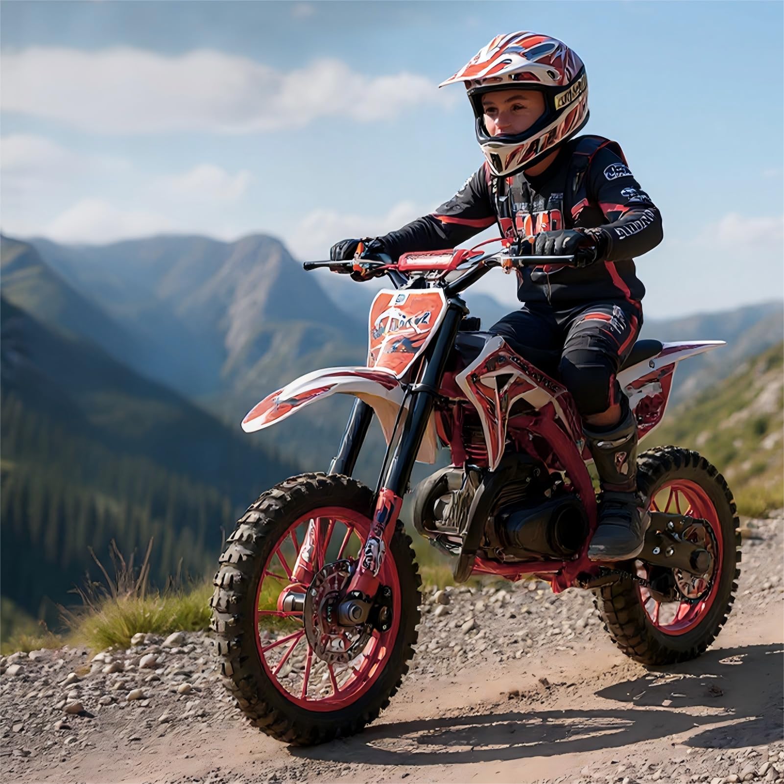 49cc Kids Dirt Bike, 2-Stroke Dirtbike, 40KM/H Gas Power Motocross, Off Road Mini Motorcycle with Front Rear Disc Brakes, Mini Dirt Bike for Kids 5-15 Years Old 5-star quality (Red)