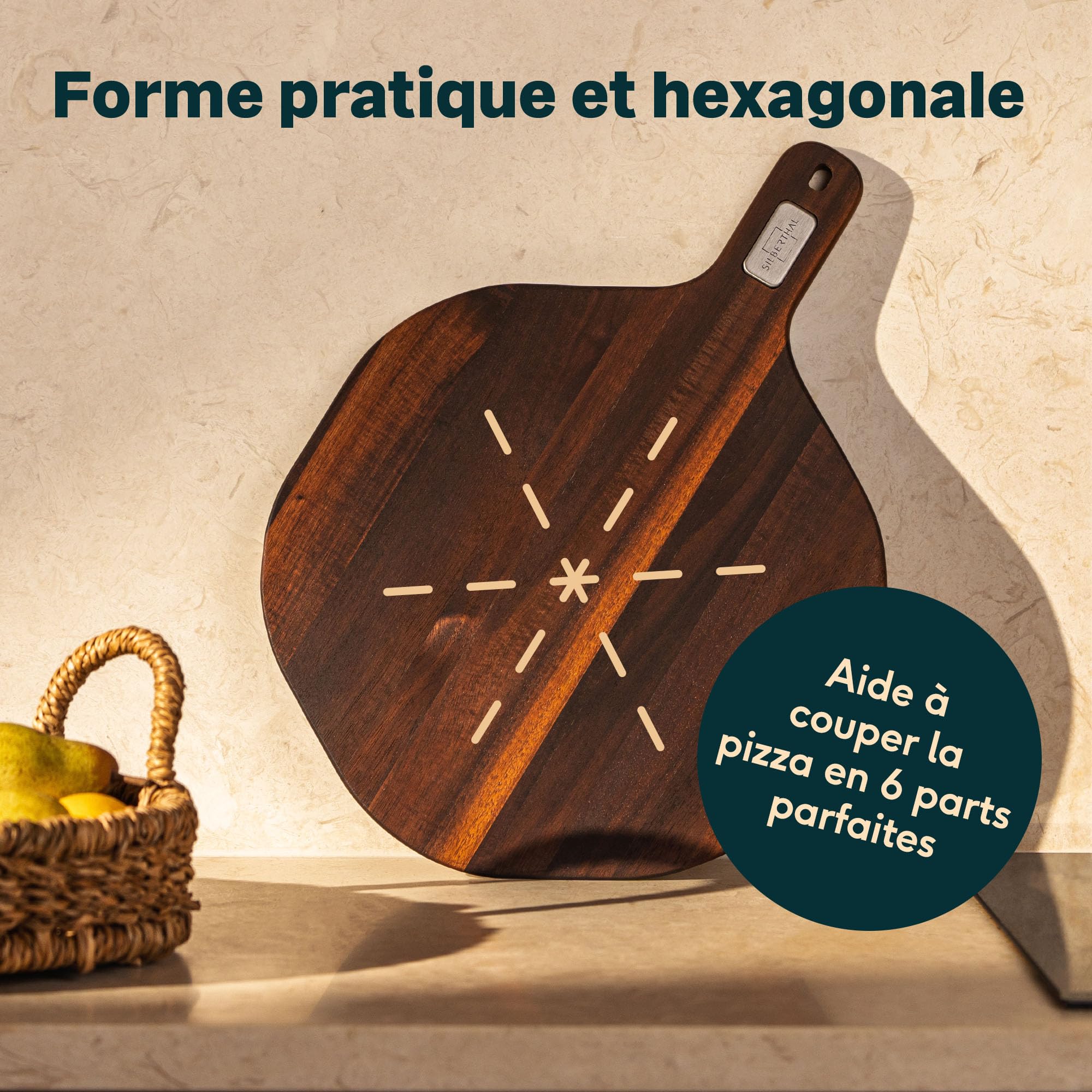 SILBERTHAL Set pierre à pizza 4 pièces – Pelle à pizza en acier inoxydable avec pierre à pizza, roulette à pizza 32 cm & planche de service
