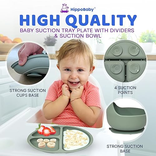 Miniatura 4 de HippoBaby Suministros de destete para bebés  Juego de 10 piezas de alimentación de silicona  Taza de babero para bebé niño pequeño plato dividido y