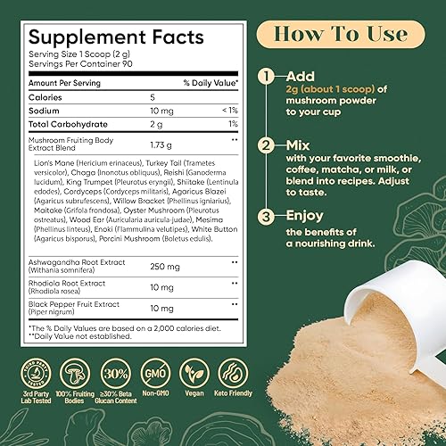 Miniatura 8 de Venture Pal Polvo de hongos 16 en 1 (90 porciones)  1,557,000 mg alternativa de café de hongos con Ashwagandha, melena de león, chaga y más  100%