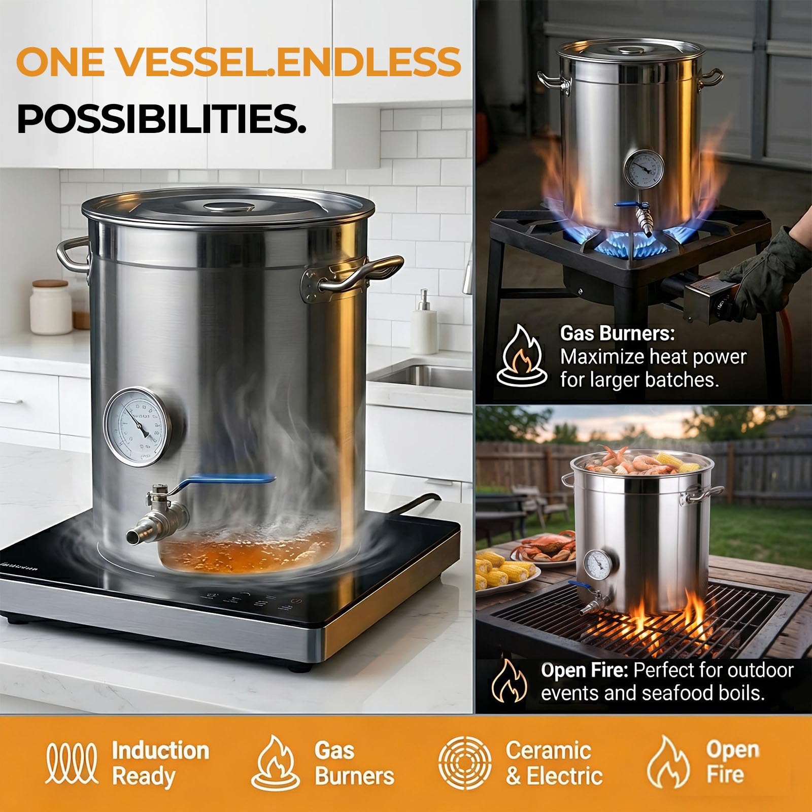 Monitoreo en Tiempo Real Olla para Cerveza Artesanal con Drenaje Integrado, Estructura de 4 Remaches, Fondo de Triple Capa, Acero INOX Profesional(33L/8.7Gal)