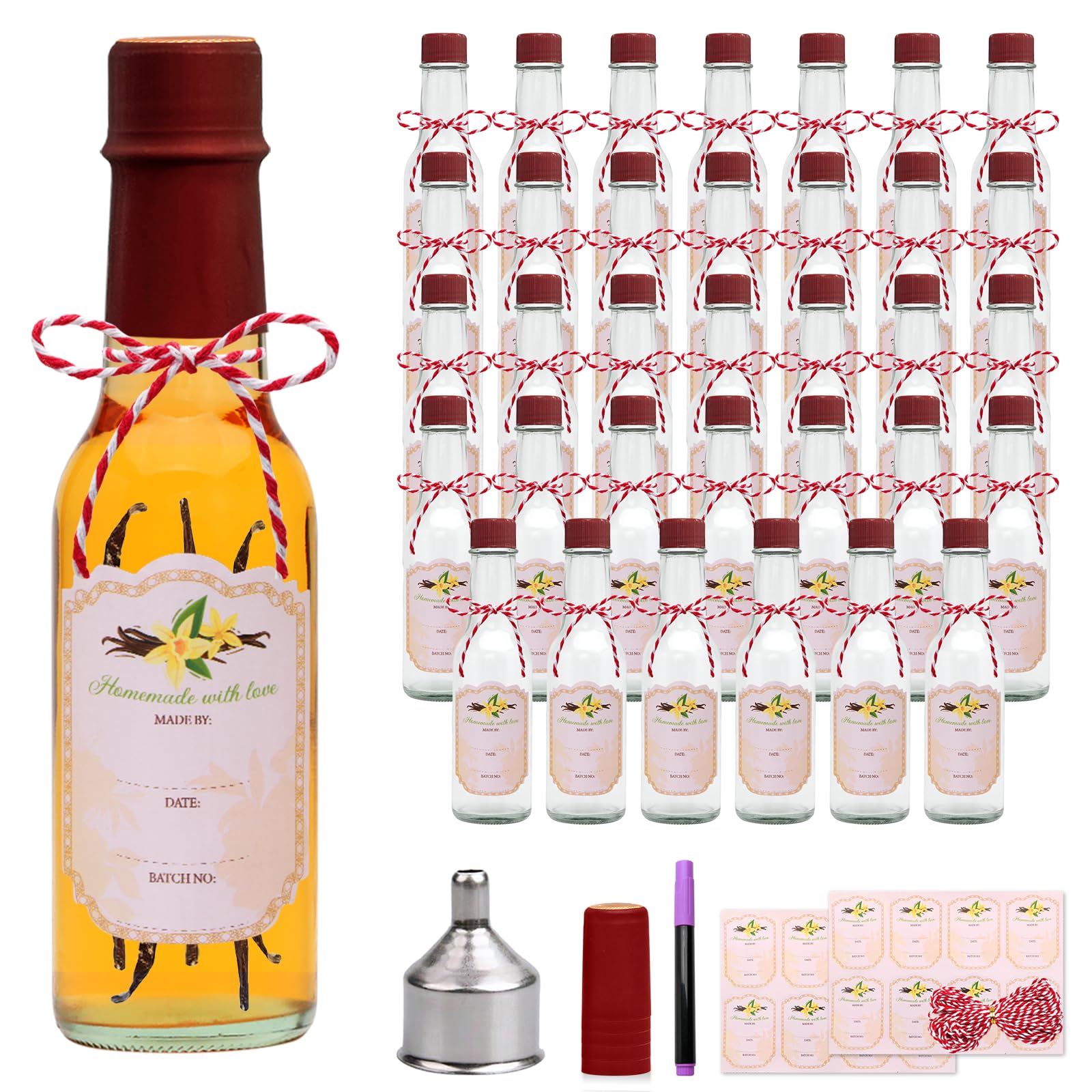 5oz Hot Sauce Bottles with Lids,Clear Woozy Bottles with Shrink Capsules,Small Wine Making Bottles With Lids for Bottling,Empty 5oz Glass Vanilla Extract Bottles With Red Caps Set of 35