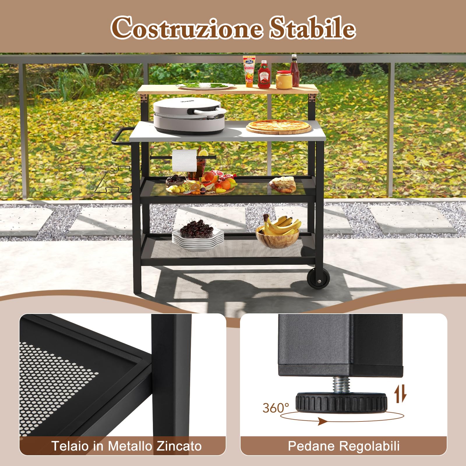GYMAX Carrello Bar con Piano Ribaltabile, Supporto per Forno a 3 Ripiani con Ruote, Scaffali e Ganci, Carrello per Griglia con Porta Carta Asciugamani/Sacchetti, Carrello da Servizio da Esterno