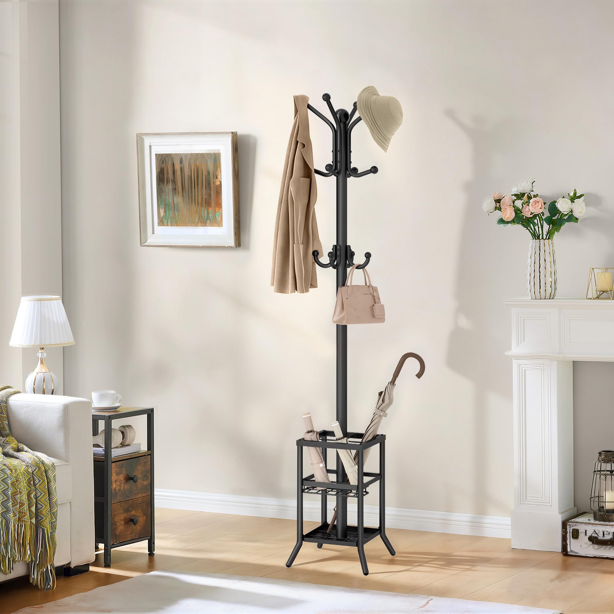 FAVOOSTY Porte-manteau avec Porte-parapluie, Porte-vêtements avec 12 Crochets, Porte-vestes sur Pied, Porte-manteau, Pour salon, Chambre à Coucher,entrée -Noir