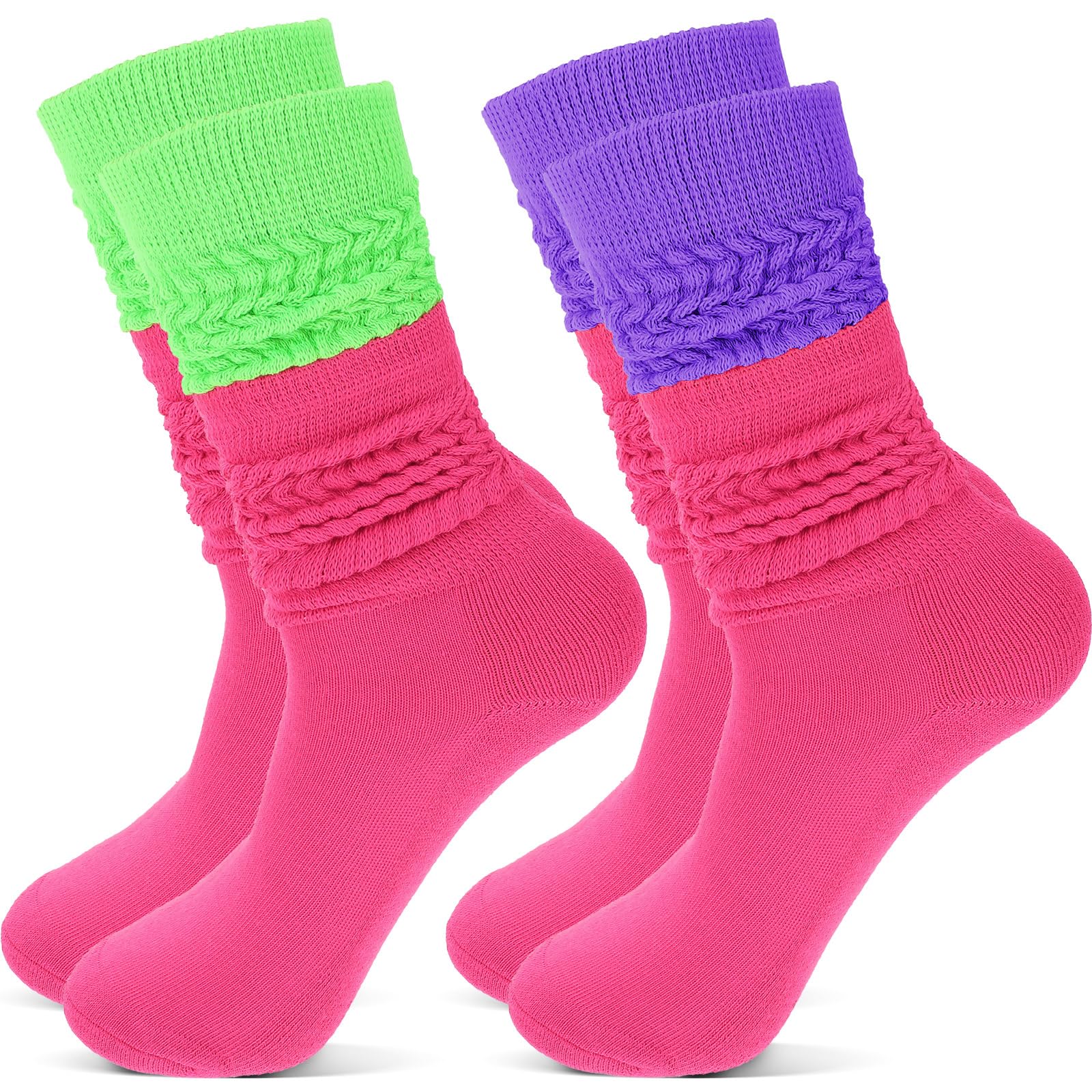 Tyqour 2 Pairs Neon Socks for Women, 80s 90s Neon Leg Warmers for Halloween, Extra Long Scrunch Sock, Soft Knee High Socks for Fancy Party Halloween Ballet Skating Ice Dancing Size 9-11