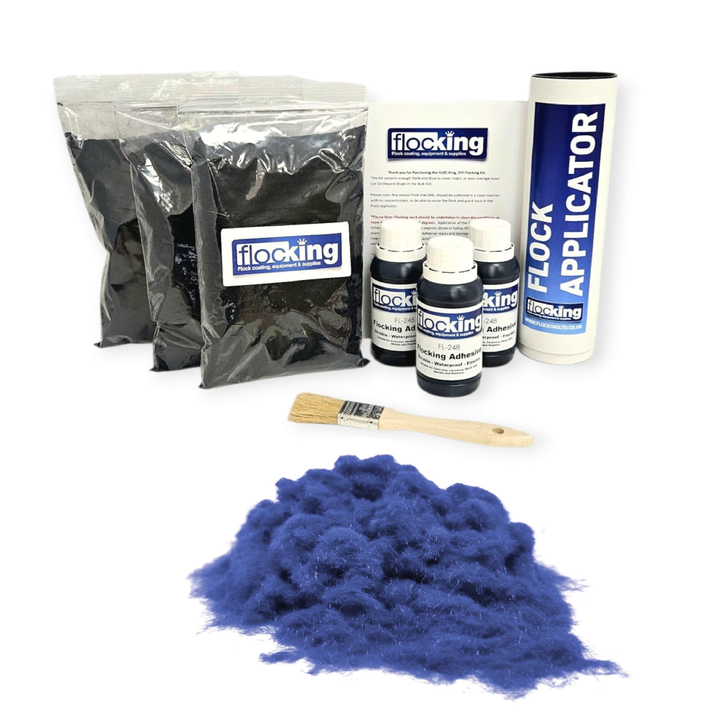 FLOC-KING Triple Flocking Kit for Car Dashboards & Interiors - Professional DIY Flock Application Set - Includes 3sqm Nylon Fibres, Adhesive & Applicator (Royal Blue)
