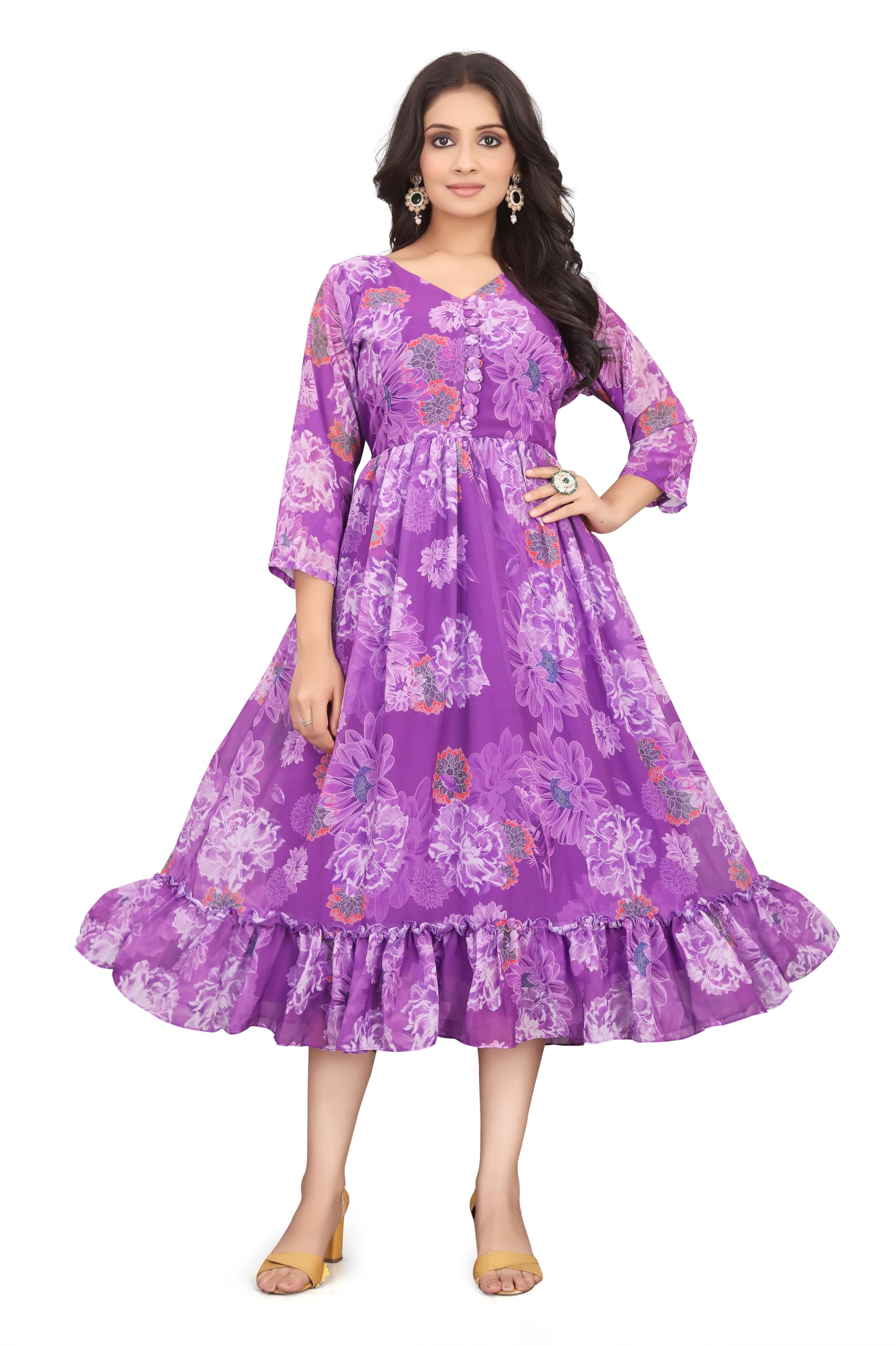Purple Georgette Floral Frock for Women & Girls | Stylish Floral Printed Fit and Flare Dress | Soft & Flowy for Casual, Party & Everyday Outfits 2XL-image-37