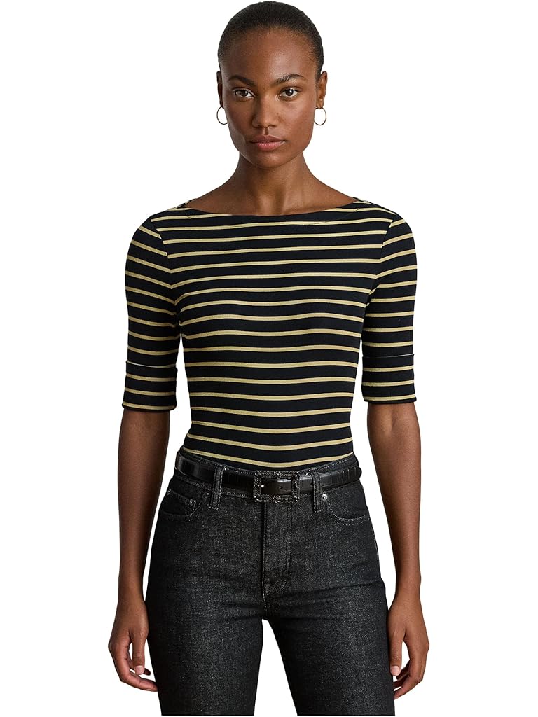 Black Lauren Ralph Lauren Petite Metallic Striped Boatneck Tee