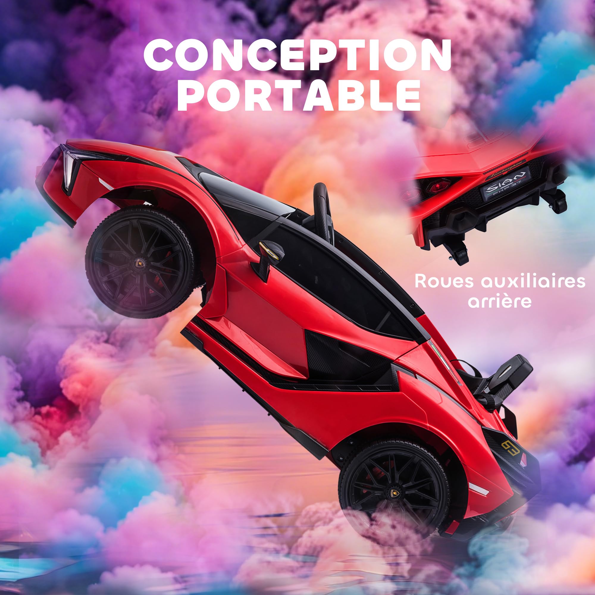 HOMCOM Licencjonowany samochód elektryczny dla dzieci Supercar Lamborghini Sian 12 V - V. Max. 5 km/h z pilotem 2,4G Efekty dźwiękowe + czerwone światło
