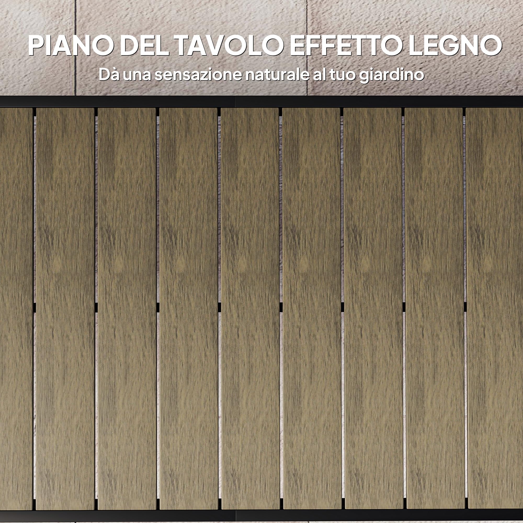 Outsunny Tavolo da Giardino con Piano Effetto Legno 190x90 cm per 8 Persone, Tavola da Pranzo da Esterno Rettangolare in Alluminio e Plastica, Per Patio, Terrazzo, Balcone, Effetto Legno Marrone