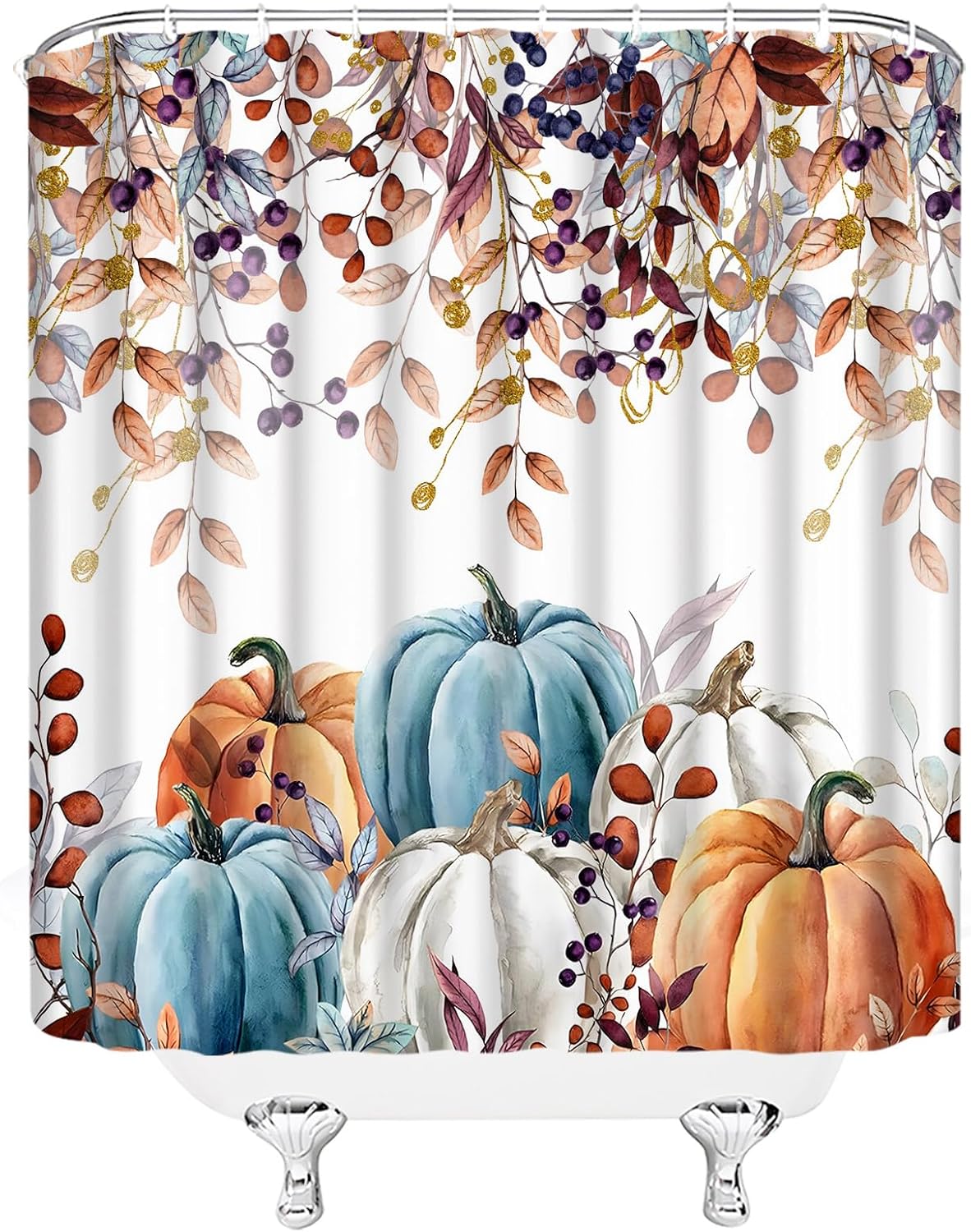 Fall Pumpkin Shower Curtain 70" Wx96 H,Thanksgiving Watercolor Eucalyptus Leaves Autumn Pumpkin Harvest Fabric Bathroom Decor Curtains with Hooks,