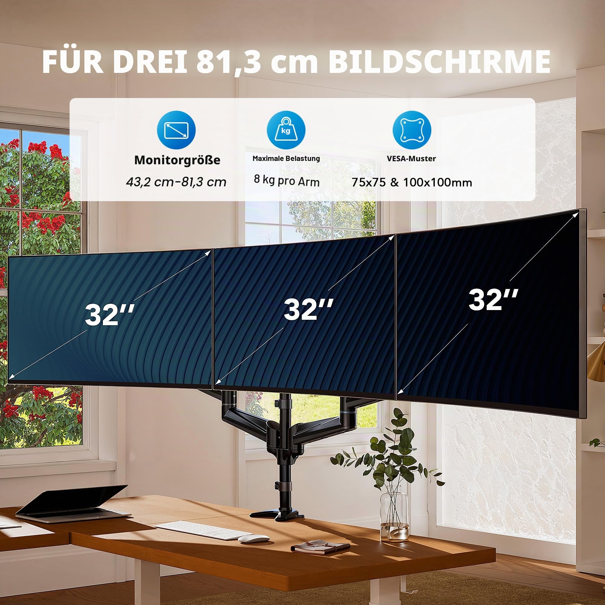 HUANUO Monitor Halterung 3 Monitore für 17-32 Zoll Bildschirme, Bildschirmhalterung 3 Monitore Höhenverstellbar, Monitorarm, Tragen Sie 8 kg pro Arm, Schwarz Gaming