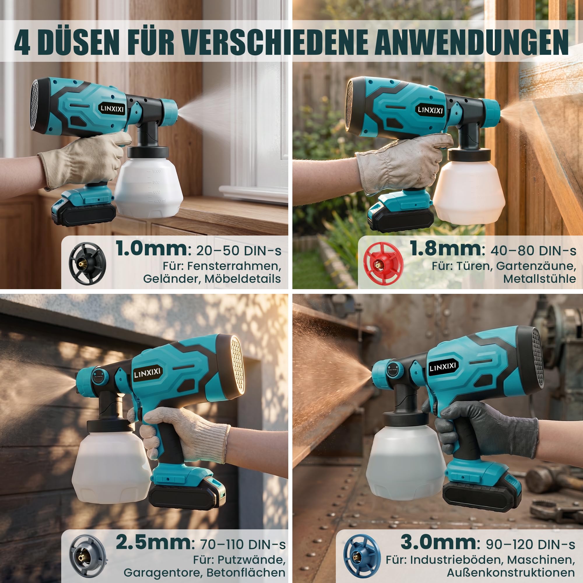 Akku Farbsprühsystem für Makita 18V Akku, Farbspritzpistole Kabellos | 1000ml Behälter | 4 Düsen & 3 Sprühmuster, Lackierpistole Spritzpistole für Wandfarbe, Möbel, Zäune, Gartenzaun(ohne Akku)