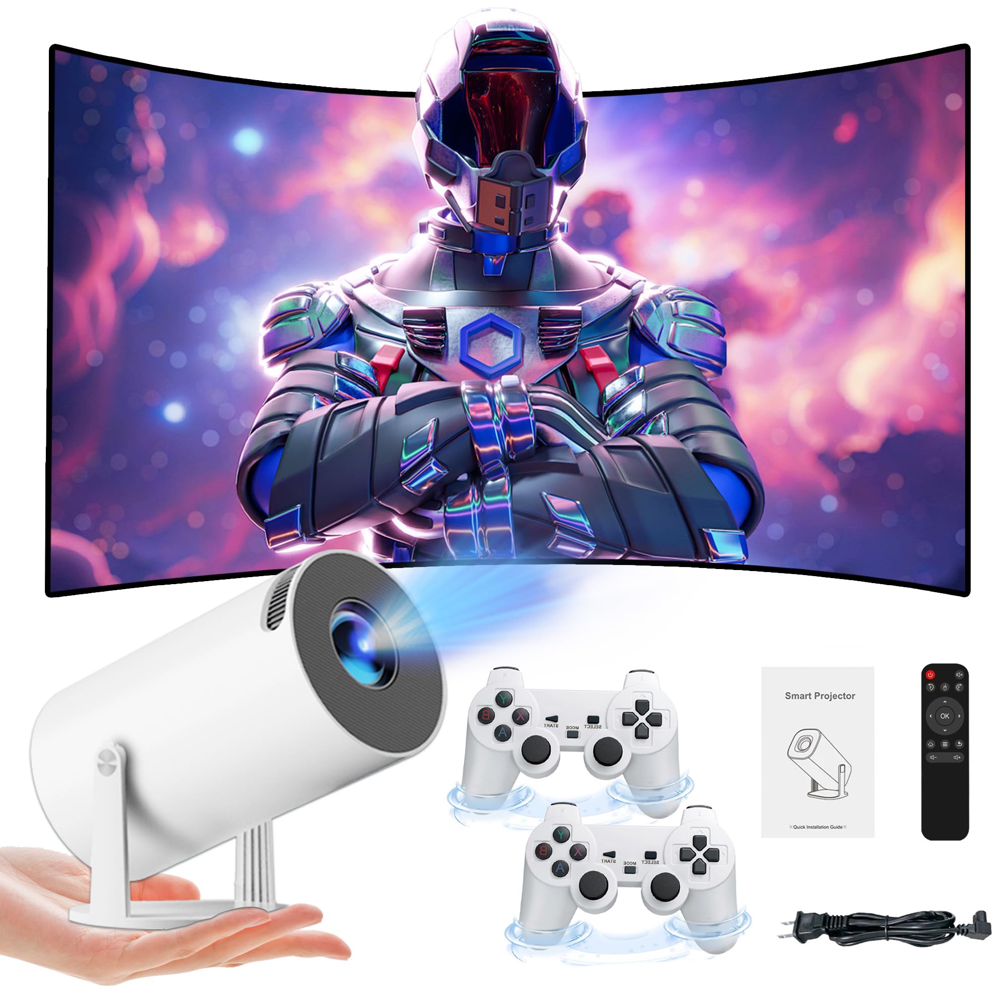 Y5S Mini Projector and Game 64G, Built-in 10000 3D Games, 1280x720P, 180° Rotation, 4K Retro Video Game Projector with 2 Wireless Controllers, HDMI Output, 5G WiFi and Bluetooth, Android