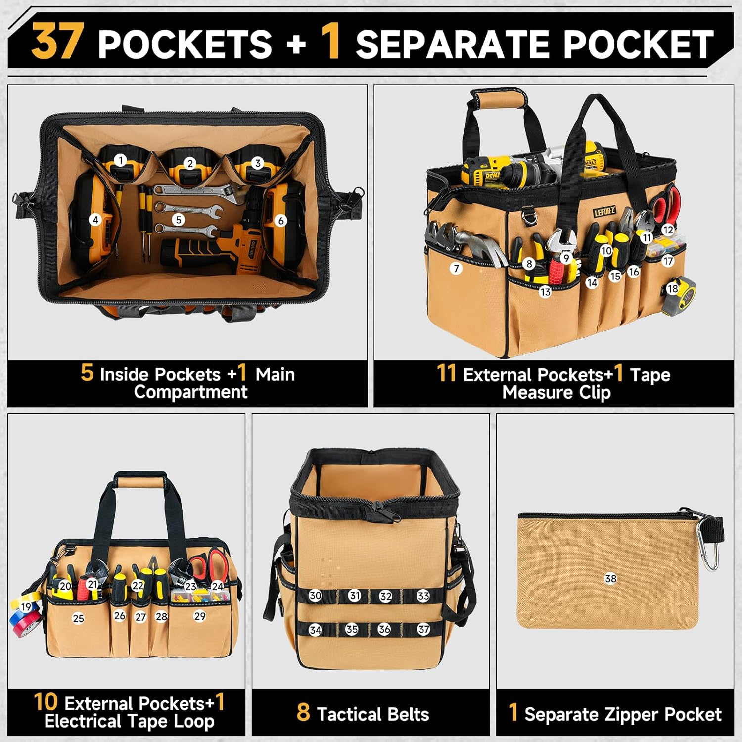 15-Inch Tool Bag,38 Pockets Tool Bags for Men,Heavy Duty Tool Box Organizer Storage,Wide Mouth Toolbag Tools Tote Carrying Case for Dad,Mechanic,Electrician,Brown,Bag Only