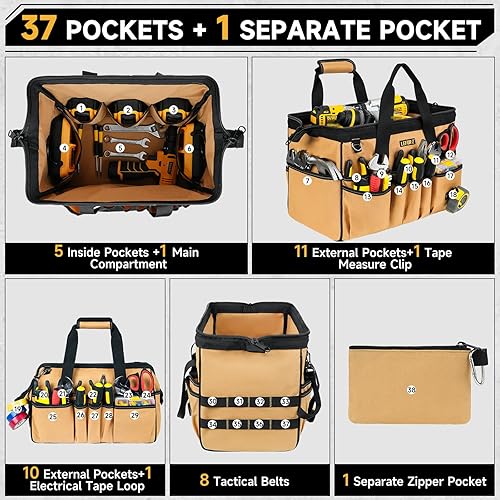 Miniatura 3 de Bolsa de herramientas de 15 pulgadas, 38 bolsillos para hombres, organizador de caja de herramientas resistente, bolsa de herramientas de boca