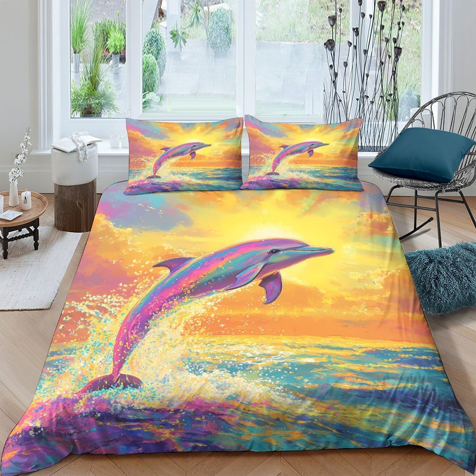 Ctjqhvkz Style-6 3D Printed Sunset Dolphin Fitted Sheet Microfiber Soft Breathable Ocean Waves Mattress Cover For Bedroom Decor Single（135X200cm）
