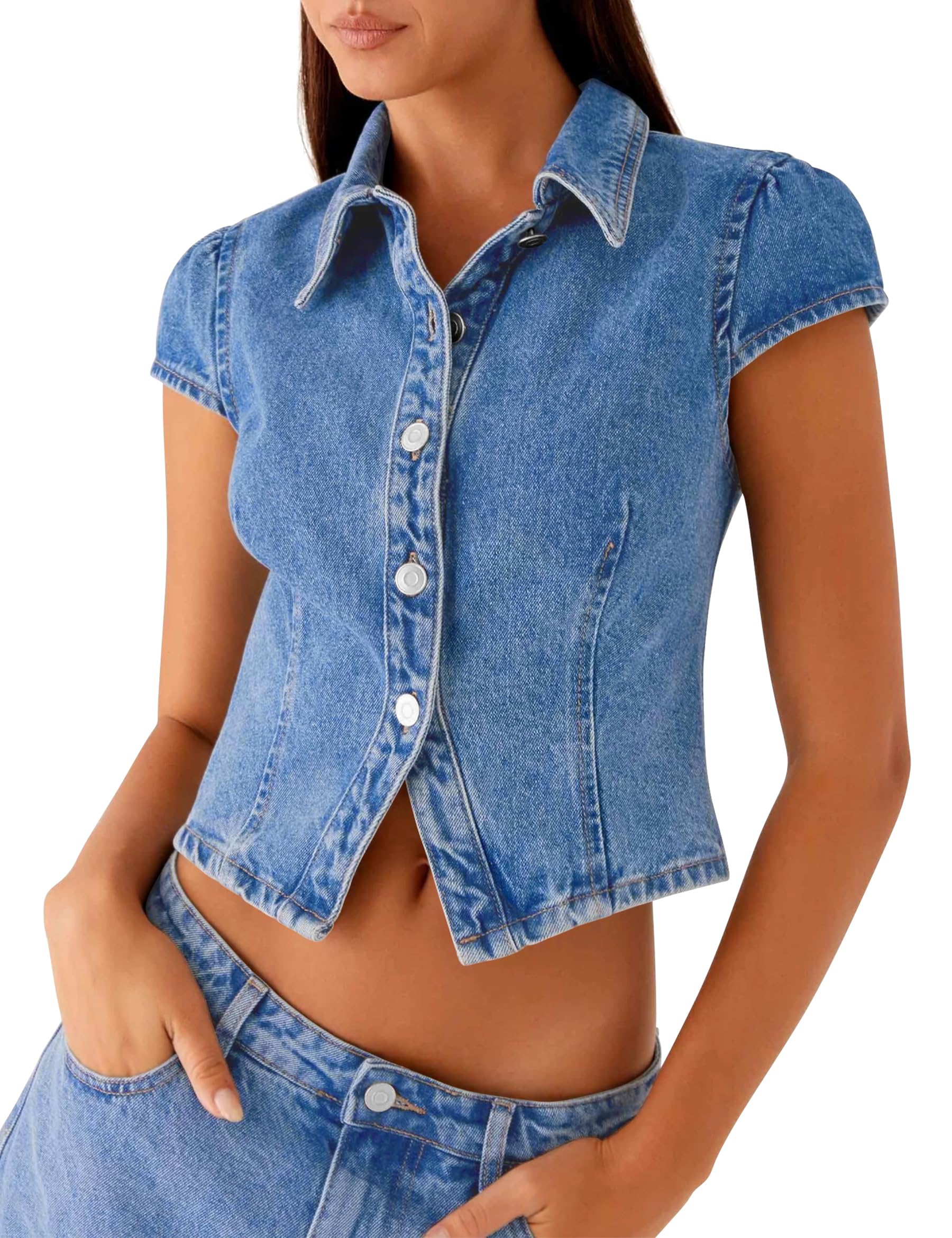 Cropped Denim Shirt Women Button Down Short Sleeve Collared Denim Top Casual Fitted Trendy Jean Shirt