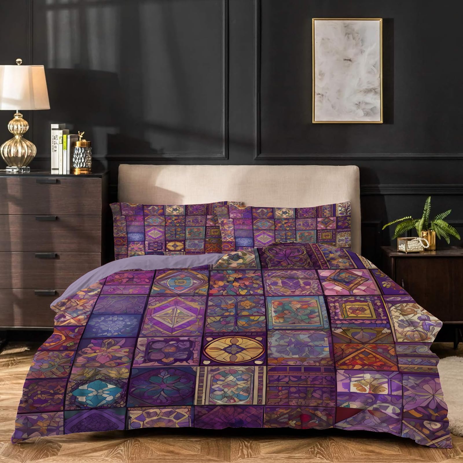 Dyausi Purple Emperor Duvet Cover Set Patchwork Flowers Stylish Bedding Set 3Pcs With Zipper Closure For Man Woman Reversible Microfiber Quilt Cover 290X235cm And 2 Pillowcases 50X75cm
