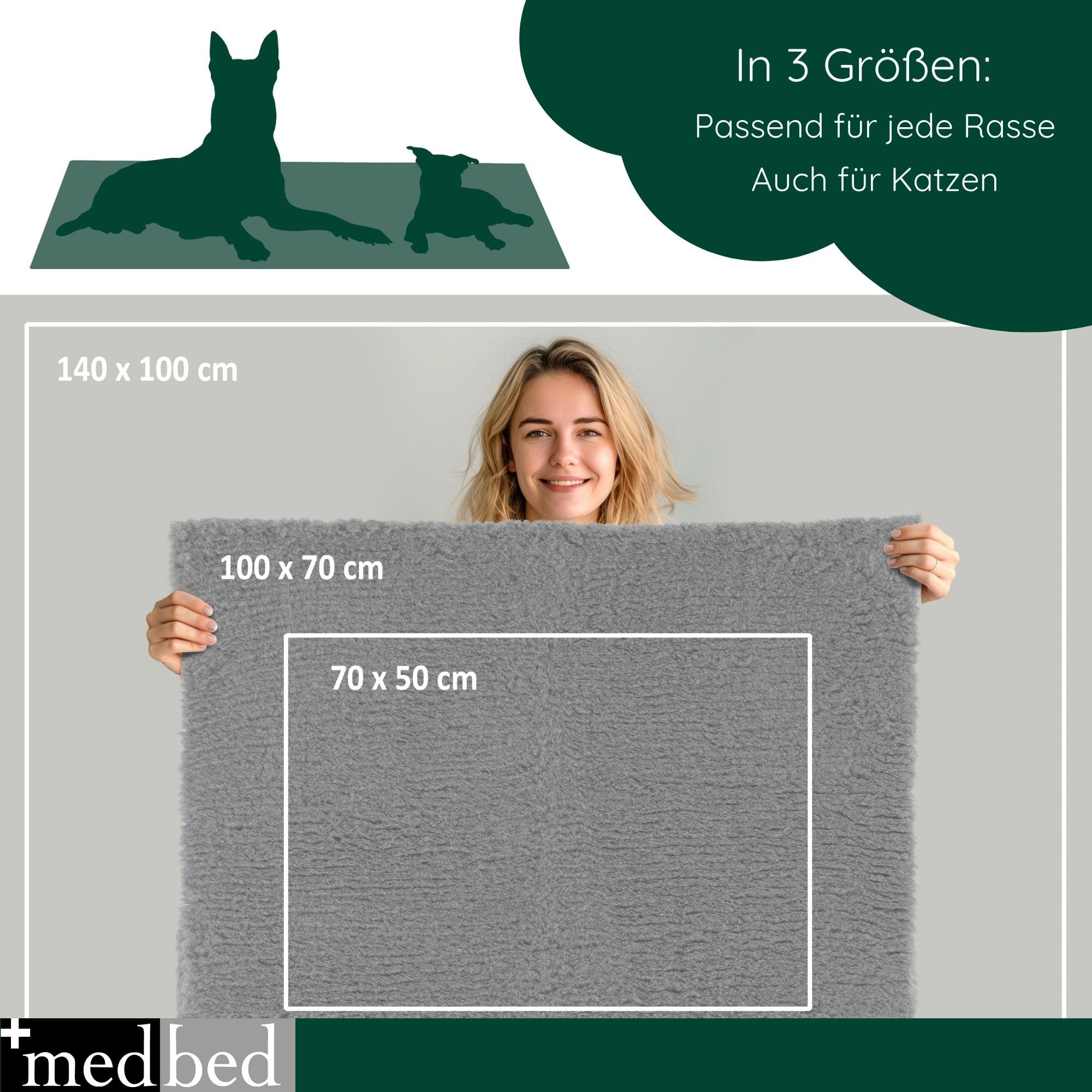Medbed Standard - Die medizinische Hundedecke: feuchtigkeitsabsorbierend, atmungsaktiv und waschbar (100 x 140 cm, Grau)
