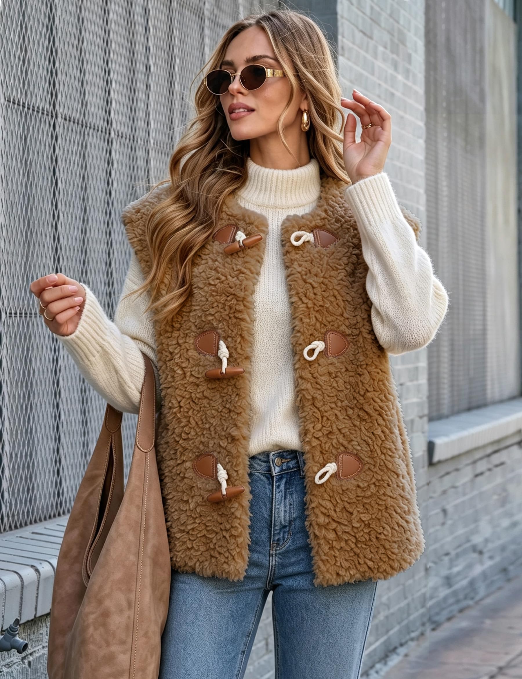 Gilet in pile da donna, con colletto soffice, senza maniche, con tasche