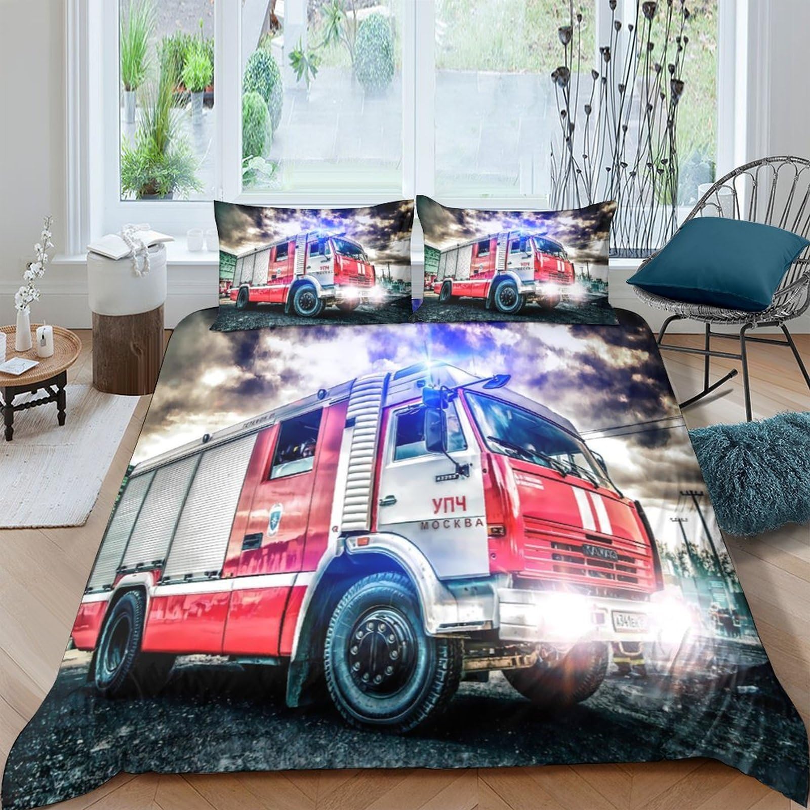 GPLZQXKJNH 3D Printed Fire Truck Duvet Cover Set Microfiber Soft Breathable Emergency Rescue Quilt Cover with 2 Pillowcases for Bedroom Decor Single（135x200cm）