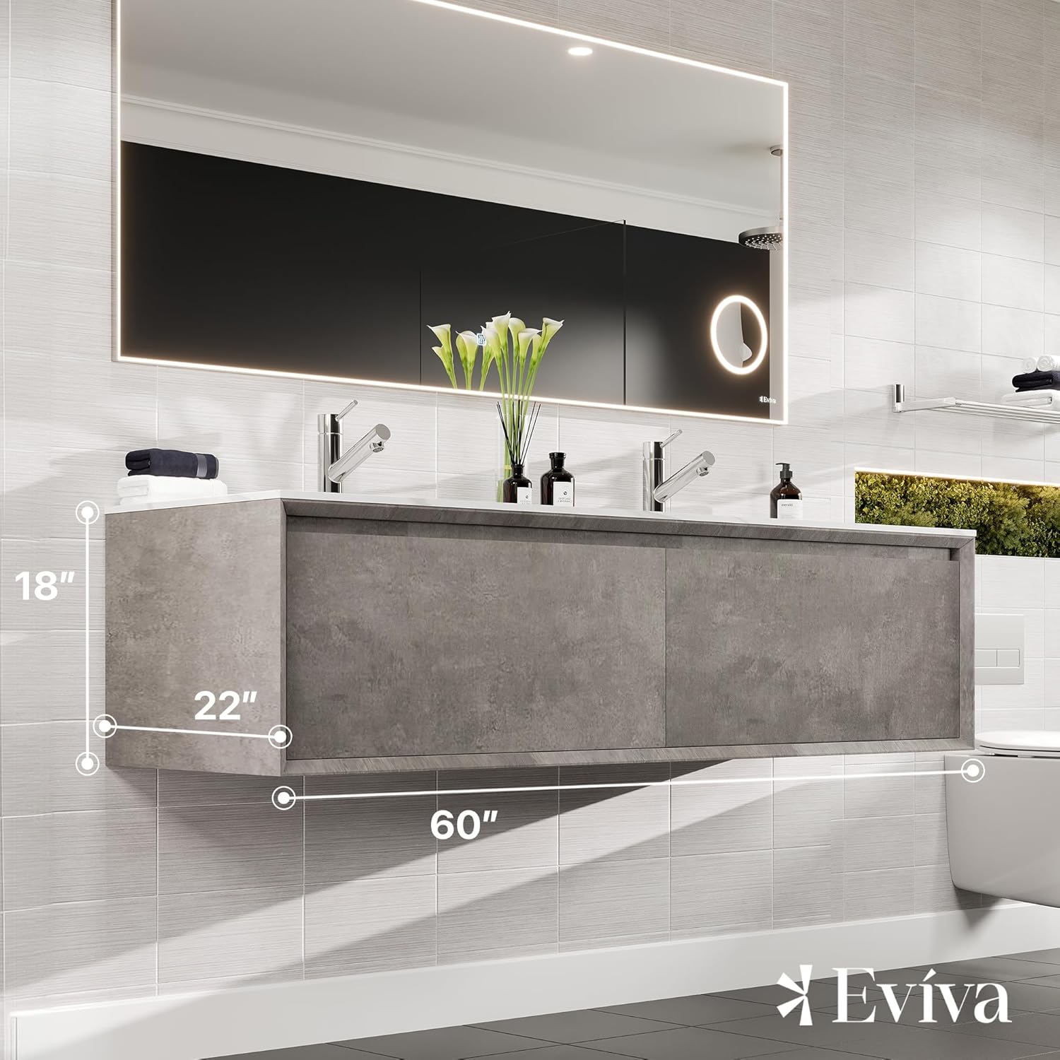 Eviva Aurora 60 in. Concrete Gray Wall Mount Double Sink Bath Vanity with Carrara Quartz Top