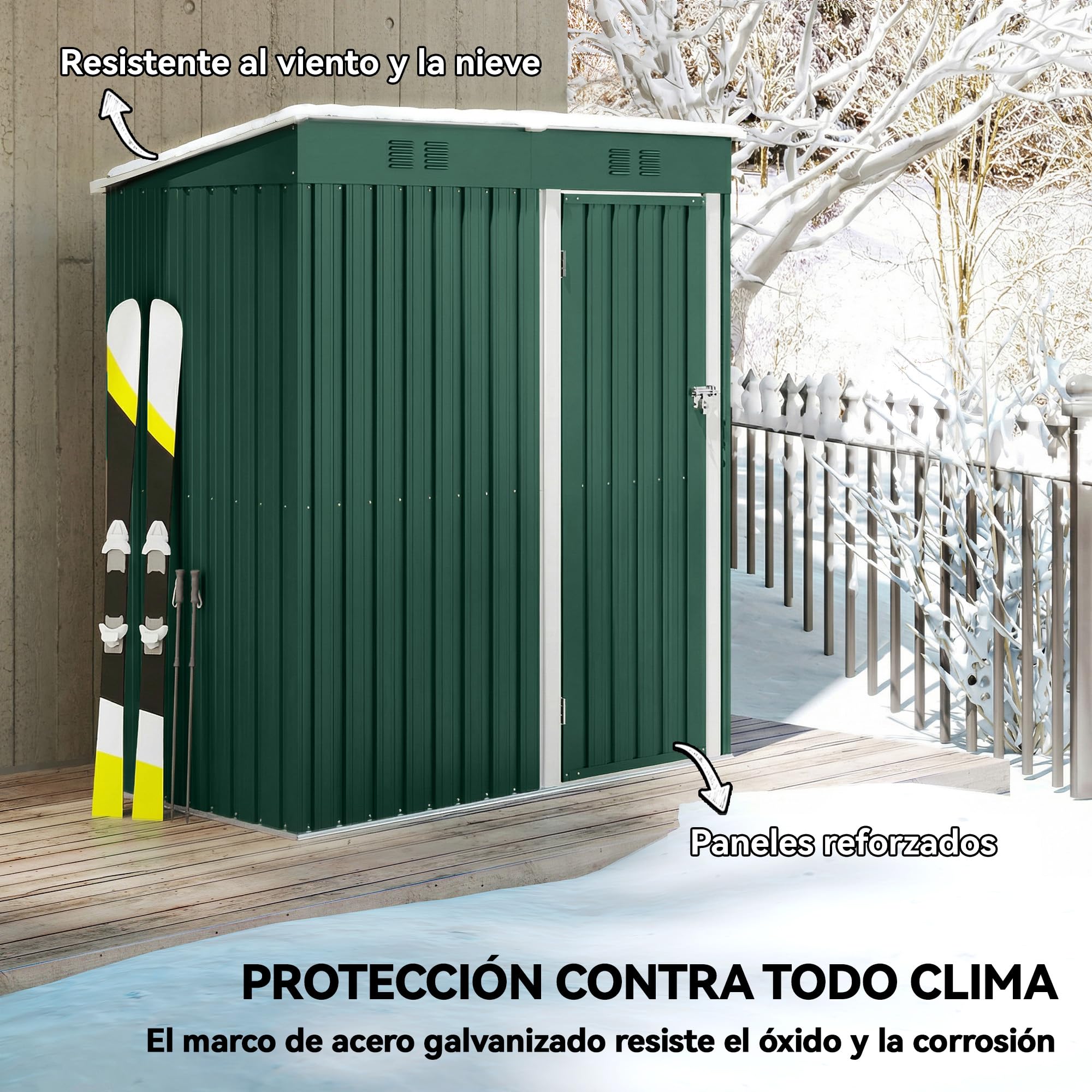 Outsunny Caseta de Jardín Exterior 1,37 m², 163x90x179 cm, Cobertizo de Jardín Exterior Metálico con Puerta con Pestillo y Ranuras de Ventilación, para Almacenamiento de Herramientas, Verde - 4