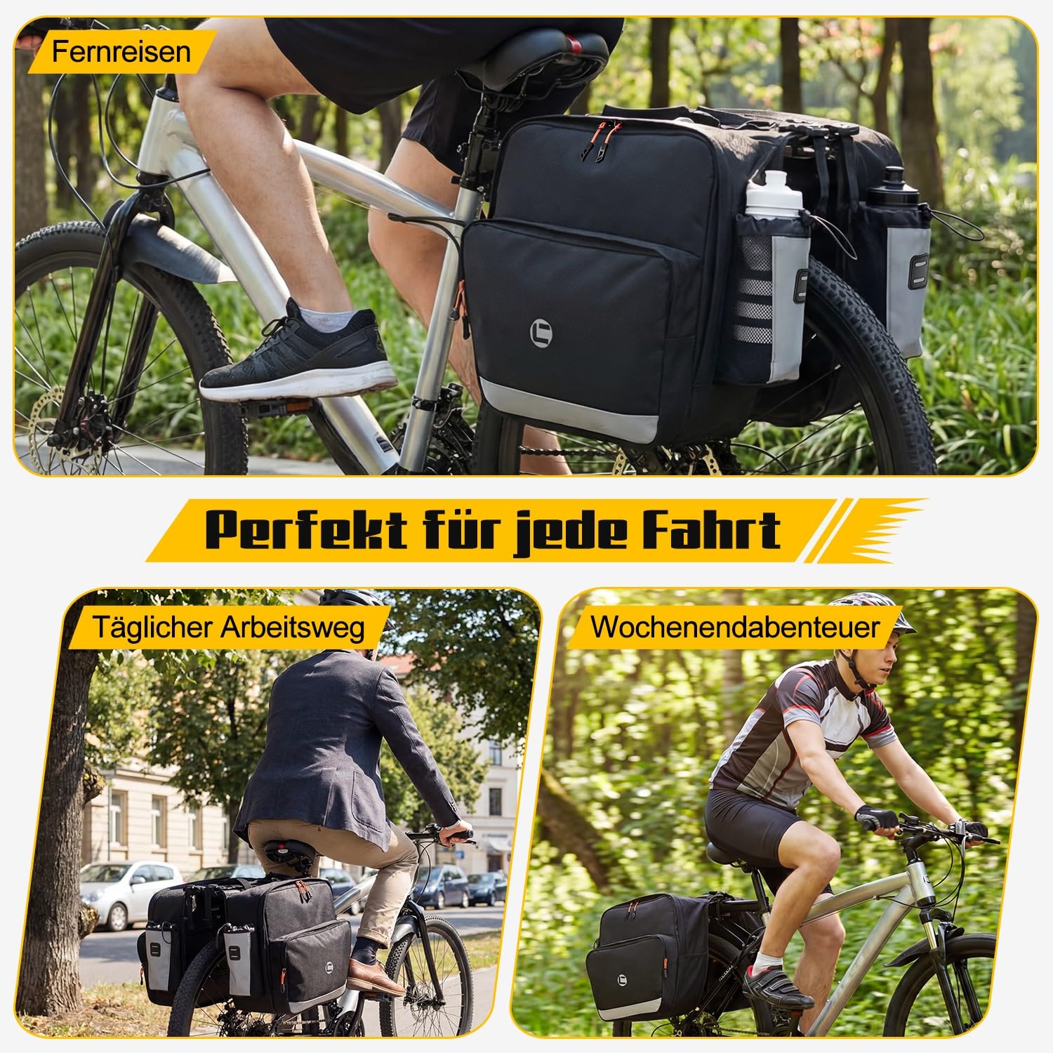 WOTOW Fahrrad-Satteltasche - 36L Wasserfeste Fahrrad-Heckgepäcktasche mit Reflektierenden Streifen und Griffen, Elektrische Fahrradsatteltaschen für Radfahren, Reisen und Pendeln