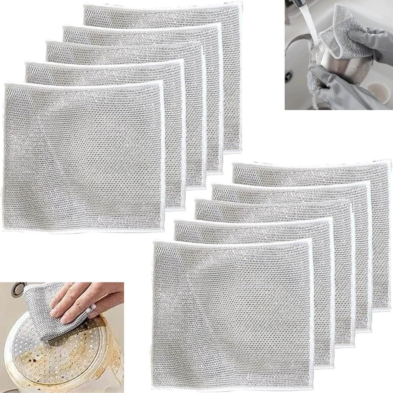 10PCS Multifunctional Non-Scratch Wire Dishcloth, Steel Wire Dish Towel, Multipurpose Wire Dishwashing Rags for Wet and Dry
